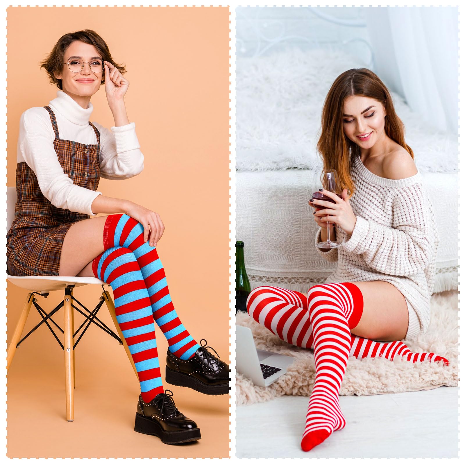 12 Pairs Women's Striped Over Knee Thigh High Socks - Christmas Knit Long Stockings for Party, Costume & Cosplay - Perfect for Holiday Gifts, Winter Fashion & Festive Outfits