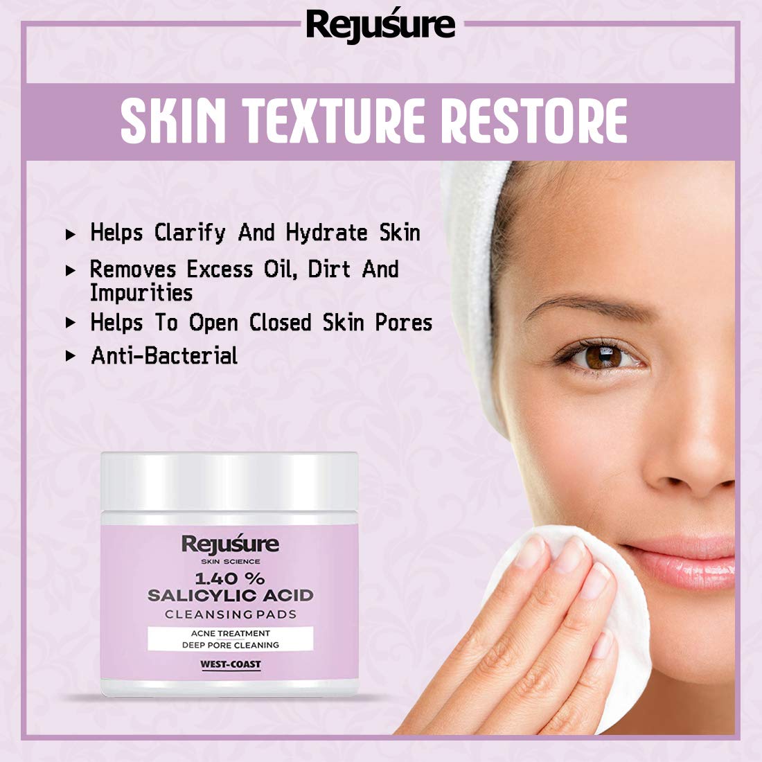Rejusure Salicylic Acid Cleansing Pads for Acne Treatment - Exfoliating Face Pads to Remove Dirt & Control Excess Oil - Gentle Skin Care for Men & Women - 50 Count - Perfect for Daily Face Cleansing & Travel Skincare Routine