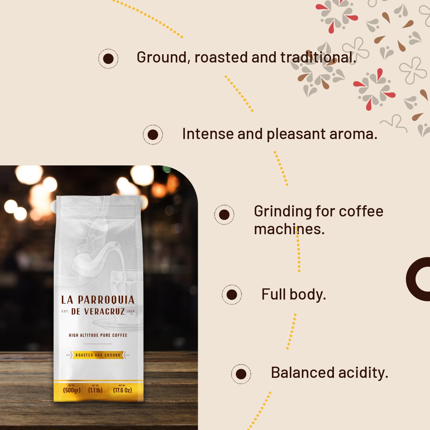 Premium Roasted & Ground Coffee 500g - La Parroquia de Veracruz Gourmet Blend | Rich & Aromatic Traditional Mexican Coffee | Perfect for Home Brewing, Office & Gift Giving