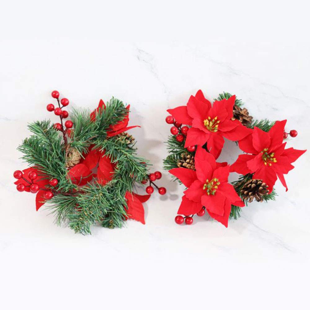 6Pcs Artificial Poinsettia Pine Candle Rings - Christmas Floral Wreath Candle Holder with Red Berries for Table Decor, Holiday Party, Wedding Centerpiece | Perfect for Fireplace Mantel, Dining Table, Christmas Tree Skirt Decoration