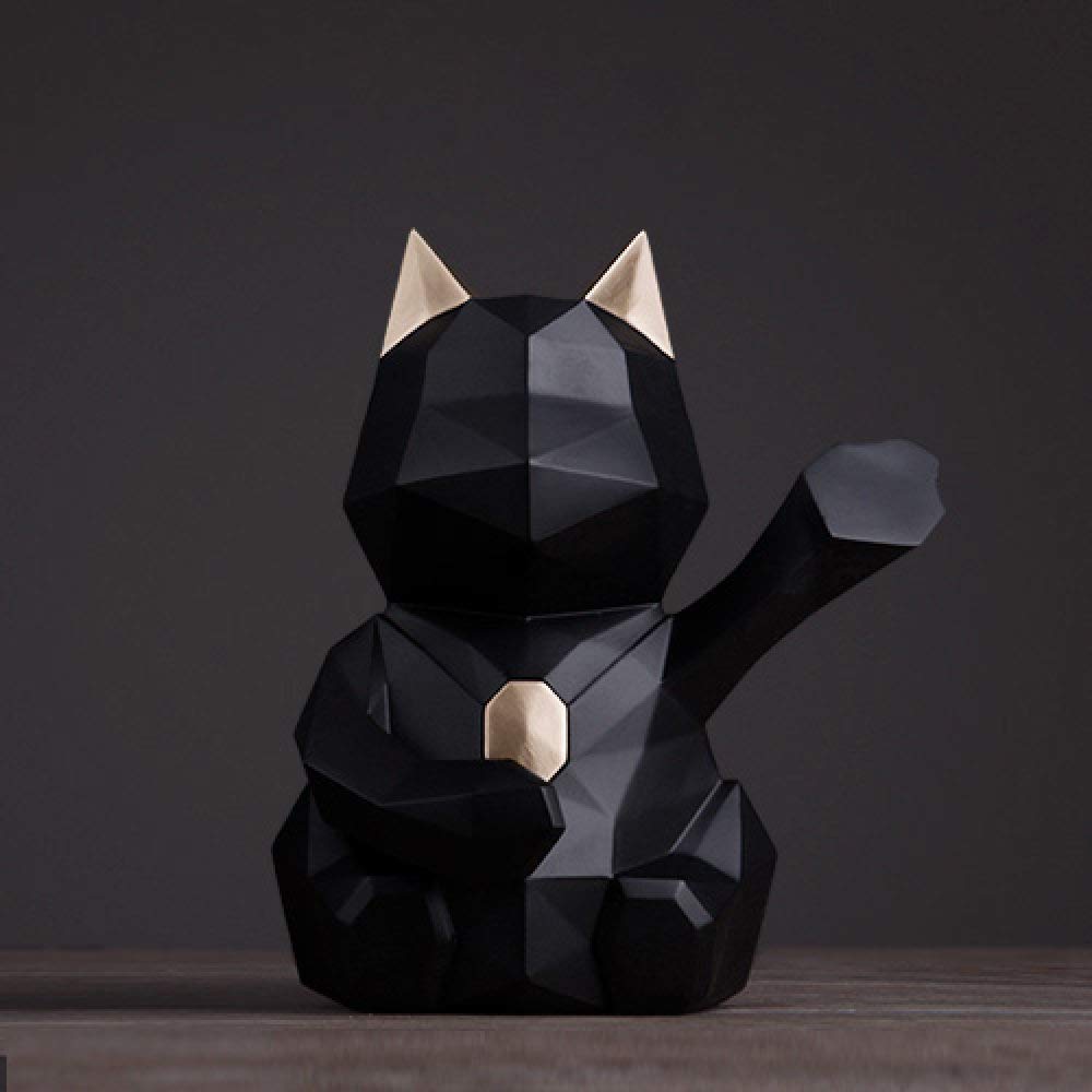UIOXAIE Black Geometric Resin Lucky Cat Sculpture - Elegant Home & Office Decor, Tabletop Desk Ornament, Feng Shui Statue for Good Fortune | Perfect for Living Room, Bookshelf, or Workspace Décor