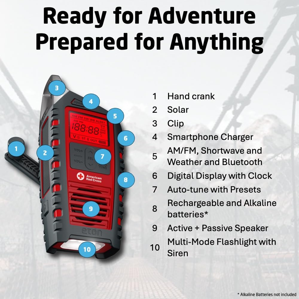 Eton Odyssey Emergency Hand Crank Radio - NOAA Weather Alert, AM/FM Shortwave, Solar Powered, Flashlight & Phone Charger, Bluetooth Speaker (Red Cross Approved) - Perfect for Camping, Hiking & Power Outages