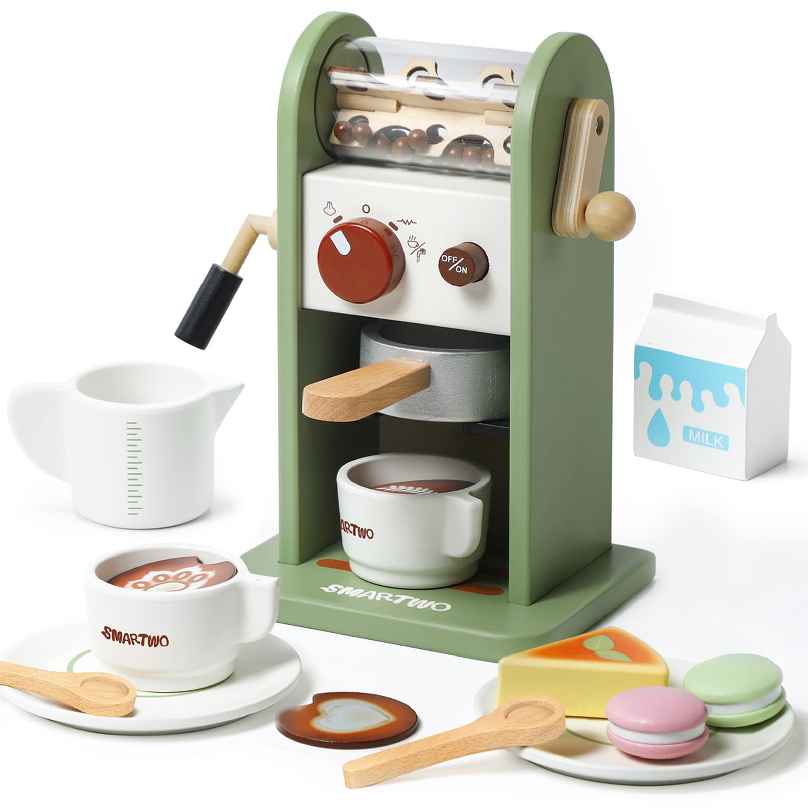 Smartwo Wooden Coffee Maker Toy with Realistic Sounds, Coffee & Dessert Playset, Wooden Kitchen Toy, Kids Pretend Play Barista Role-Playing Set, Gift for 3 4 5 Year Olds - Perfect for Preschool Learning & Imaginative Playtime