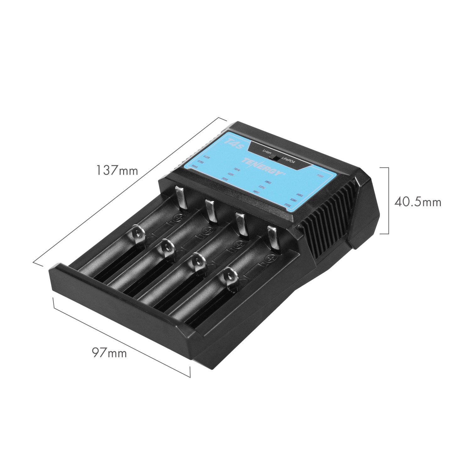Tenergy T4s Smart Universal Battery Charger - 4 Slot Fast Charging for Li-ion, LiFePO4, NiMH & NiCd Rechargeable Batteries (18650, 14500, 26650, AA, AAA, C) with Car Adapter - Perfect for Home, Office & Travel Use