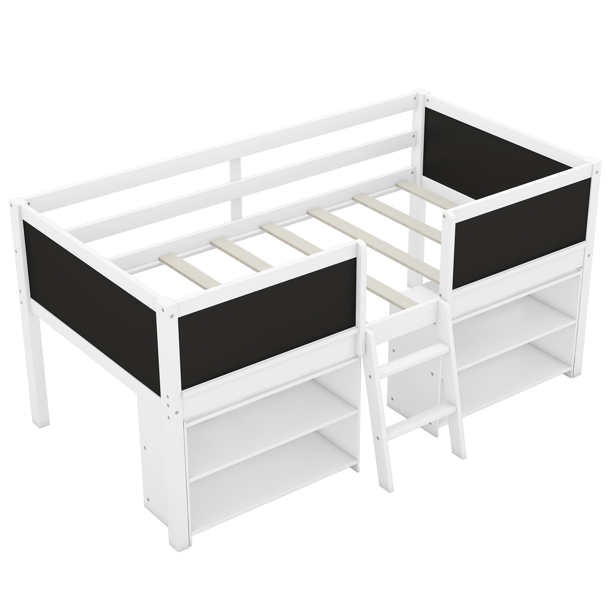 Modern Farmhouse Twin Loft Bed with Storage Shelves & Chalkboard - Space-Saving Kids Bed Frame for Boys & Girls - White - Perfect for Small Bedrooms, Dorm Rooms & Playrooms