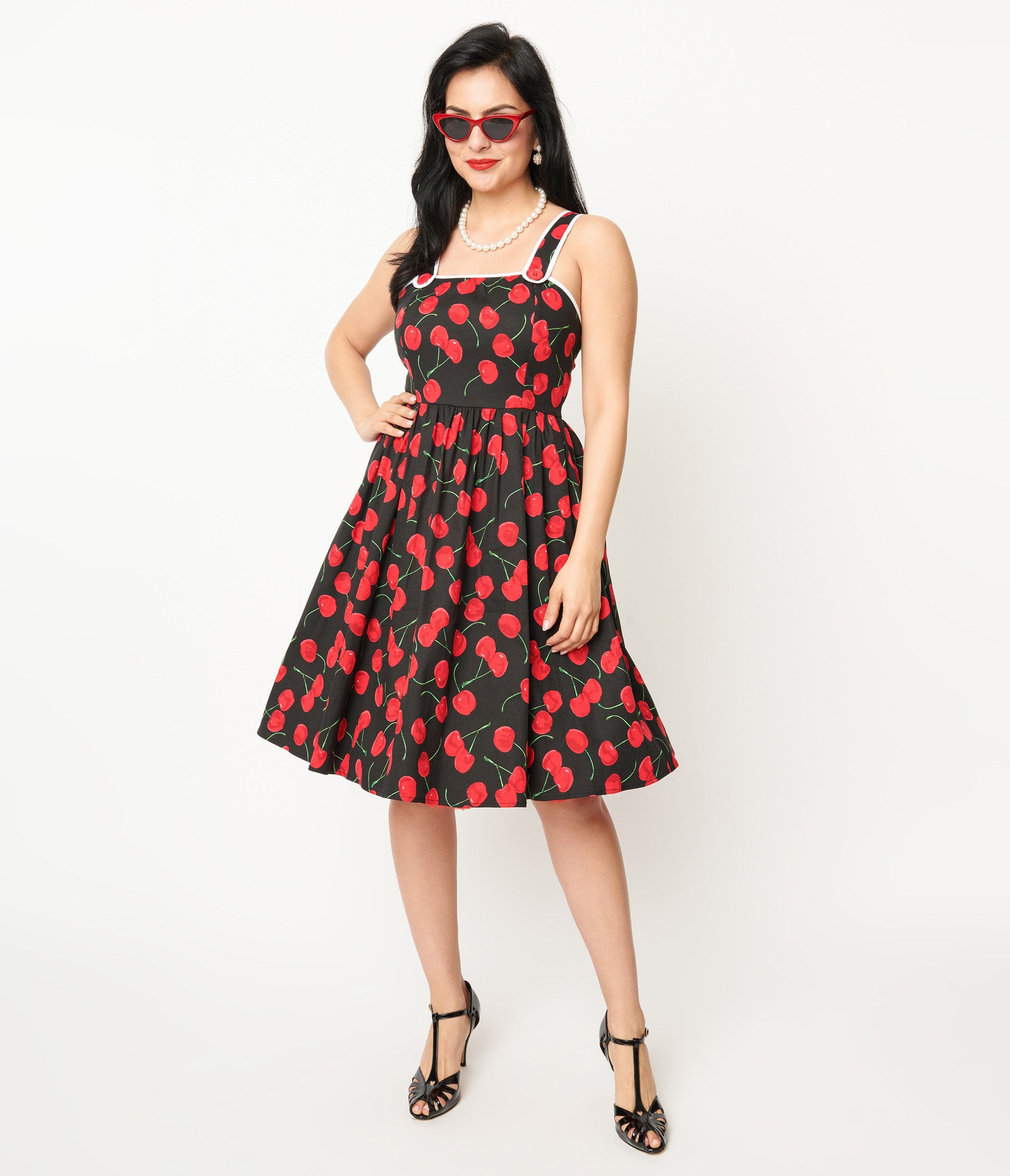 Vintage 1950s Black & Cherry Print Cotton Pinafore Swing Dress - Retro Pinup Style for Parties, Tea Dances & Rockabilly Fashion