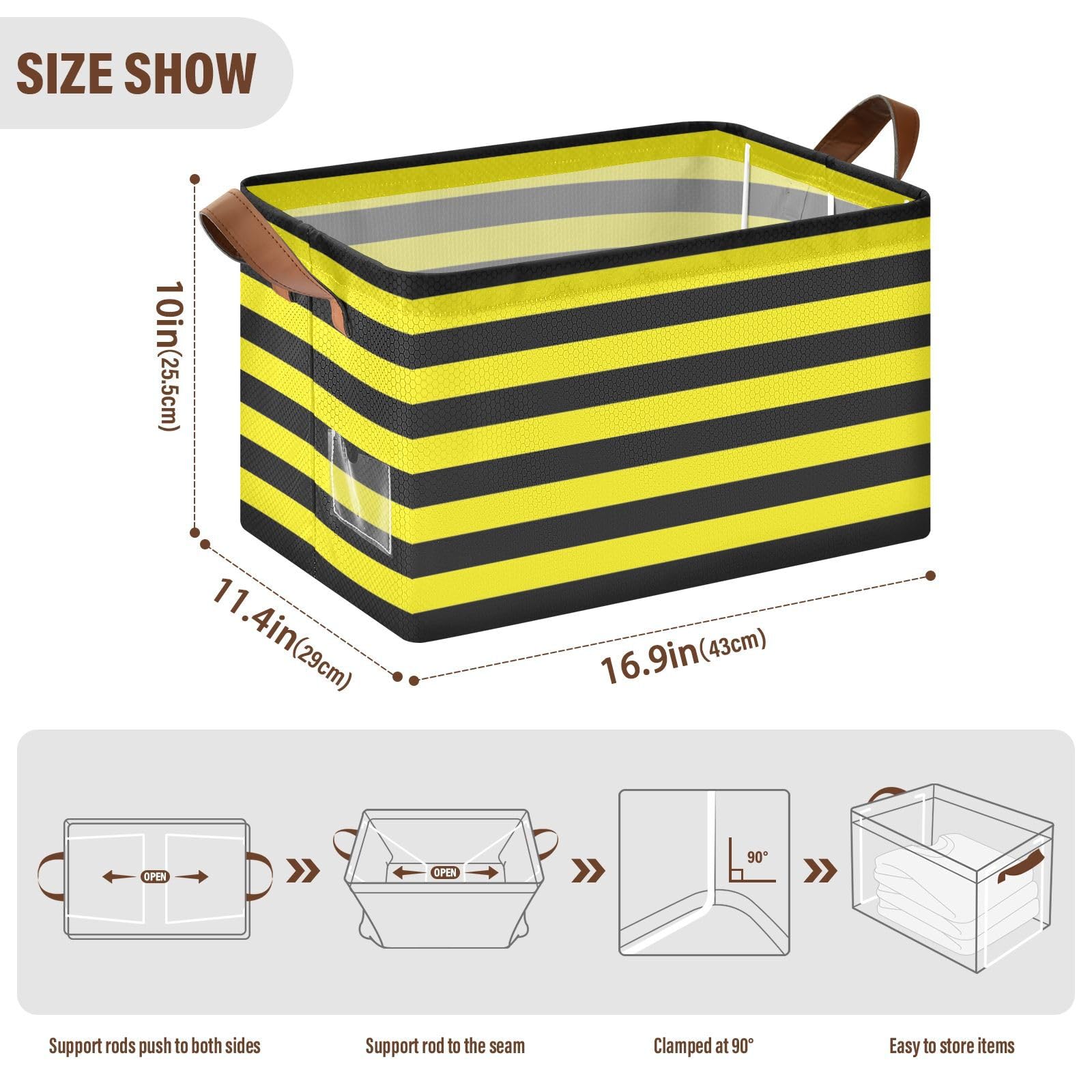 Yellow and Black Stripe Fabric Storage Baskets with Handles - 2 Pack Large Decorative Cube Bins for Closet, Shelf, Dresser Organization | Perfect for Bedroom, Nursery, and Living Room Storage Solutions