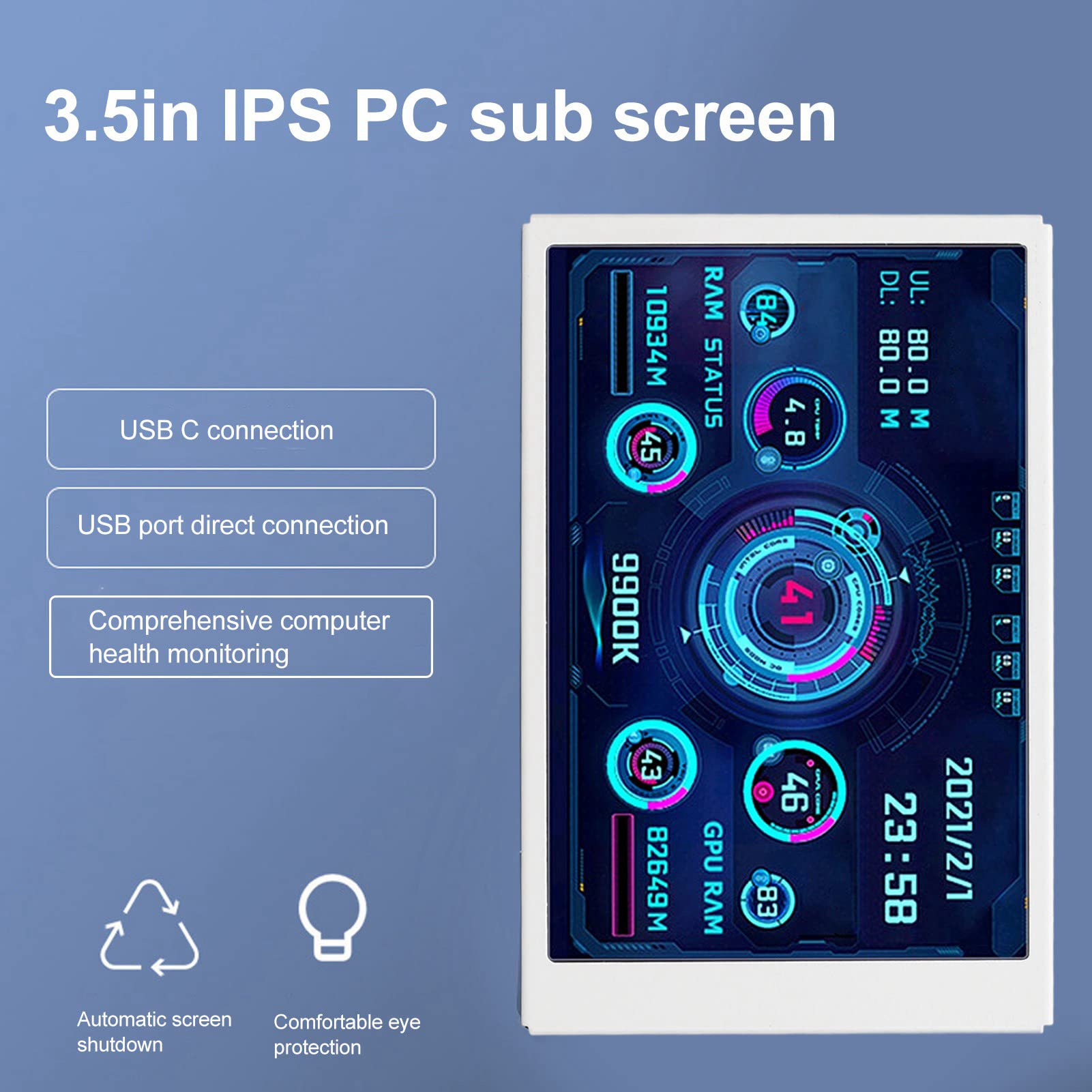 Kelepu 3.5 Inch IPS Full View PC Temperature Monitor - AIDA64 Compatible CPU & Hard Disk Data Display with Sensor Panel (White) | Perfect for Gaming Rigs, Workstations & PC Builds