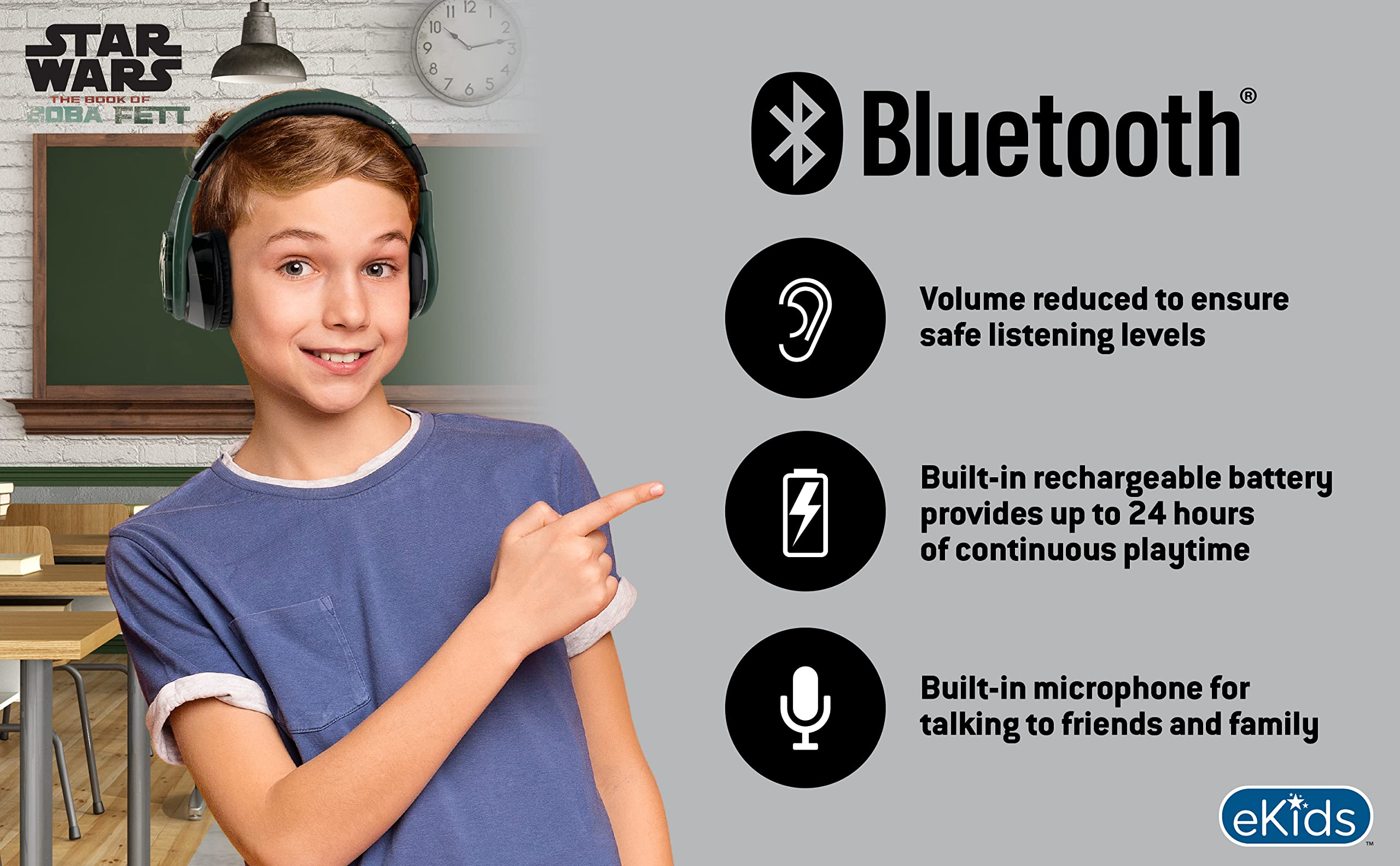 eKids Book of Boba Fett Bluetooth Headphones for Kids - Wireless Over-Ear Headset with Built-in Mic & AUX Cable - Lightweight Comfort for School, Home, Travel - Perfect for Online Classes, Gaming & Movie Watching