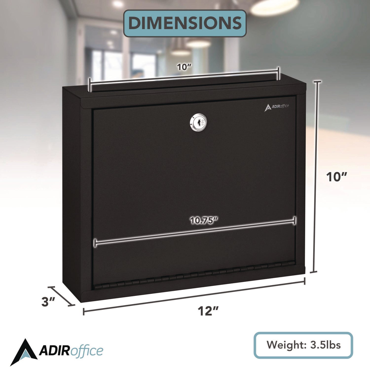 AdirOffice Large Secure Drop Box - 12 x 3 x 10 Inch Steel Locking Mailbox for Office, Home & Business - Black Multi-Purpose Deposit Box for Documents, Packages & Valuables (Ideal for Mailrooms, Reception Areas & Secure Storage)