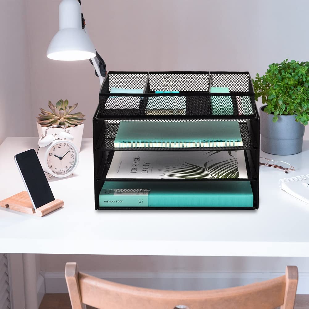 EASEPRES 3-Tier Mesh Paper Organizer Tray with Drawer - Black Desk File Organizer & Letter Sorter for Home Office - Perfect for Bills, Mail, Documents and Office Supplies Storage