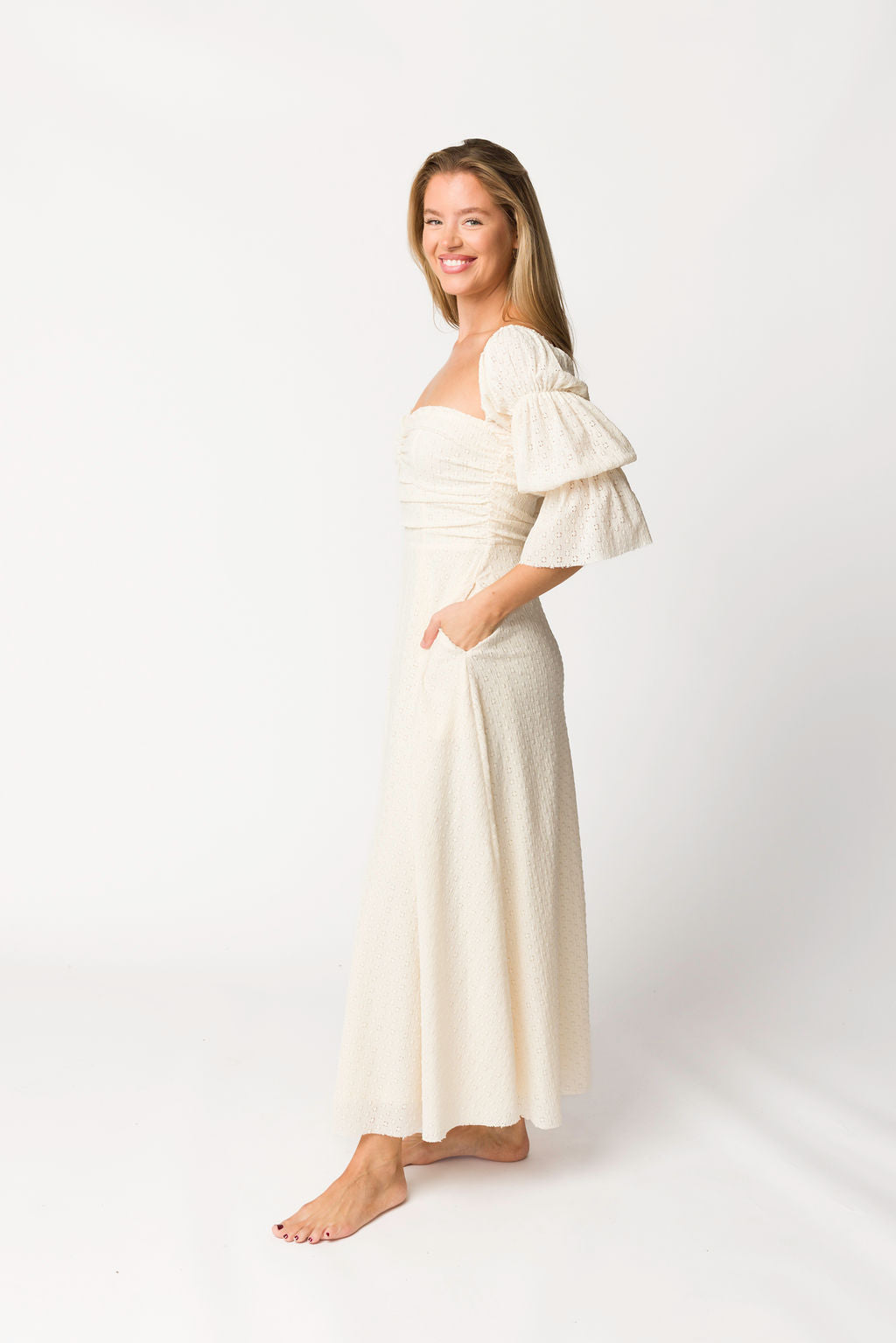 Corrine Tiered Sleeve Maxi Dress with Pockets in Ivory Cream - Bump Friendly Maternity Dress for Pregnancy, Nursing & Postpartum - Perfect for Baby Showers, Beach Vacations & Summer Weddings