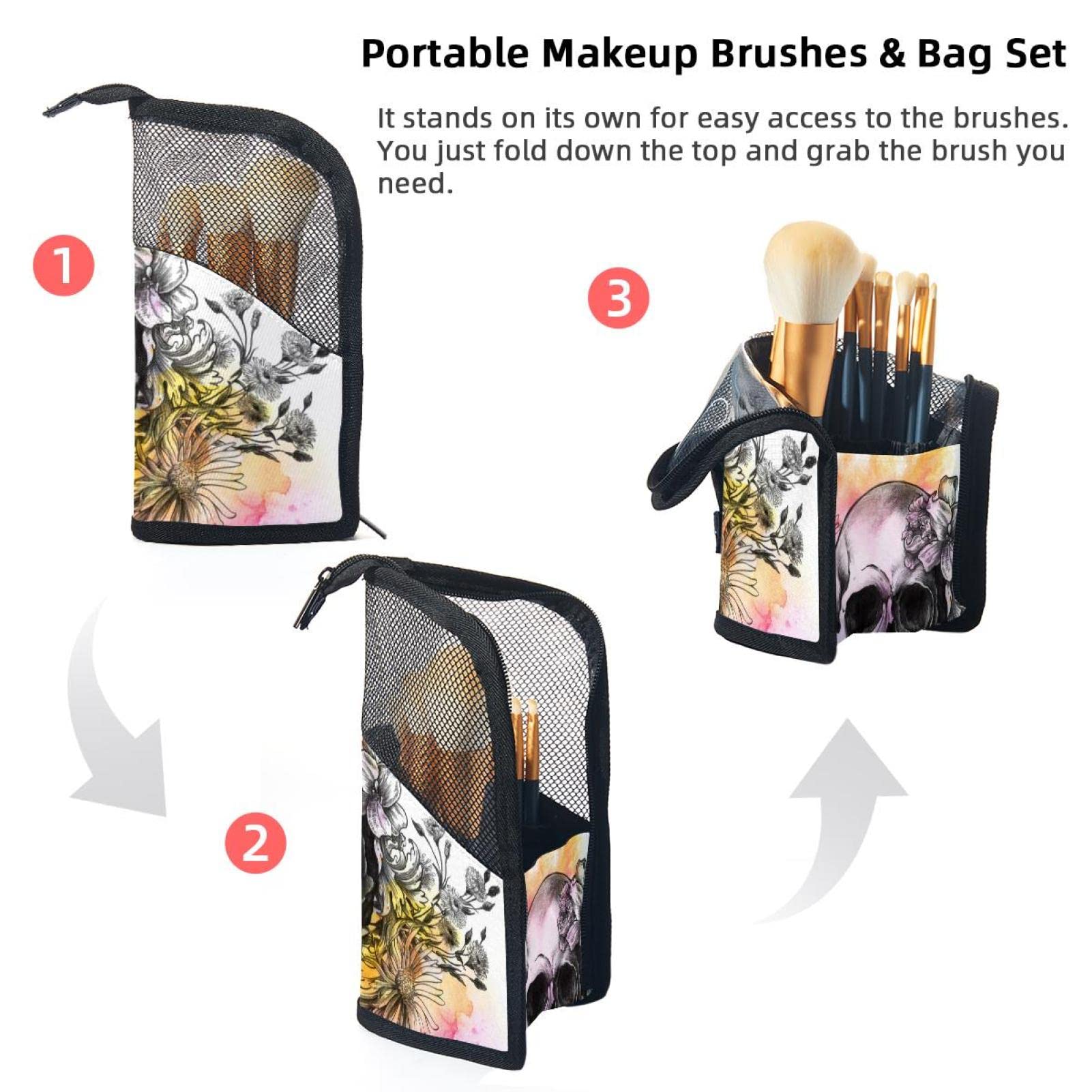Waterproof Makeup Brush Organizer Bag with 12 Slots - Floral Skull Design Portable Cosmetic Brush Holder Case for Travel, Home & Professional Makeup Artists