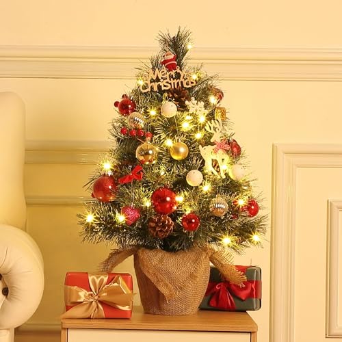 GARVEE 2ft Pre-Lit Artificial Christmas Tree with 50 Warm White LED Lights - Mini Tabletop Holiday Decor with Pine Cones & Red Berries, Burlap Base - Perfect for Home, Office, and Christmas Party Decoration