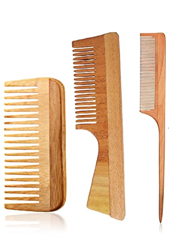 **AMP CREATIONS Neem Wooden Comb Set for Hair Growth & Styling - Wide & Fine Tooth Combs for Women & Men - Natural Ayurvedic Hair Care for Detangling, Scalp Massage & Healthy Hair**