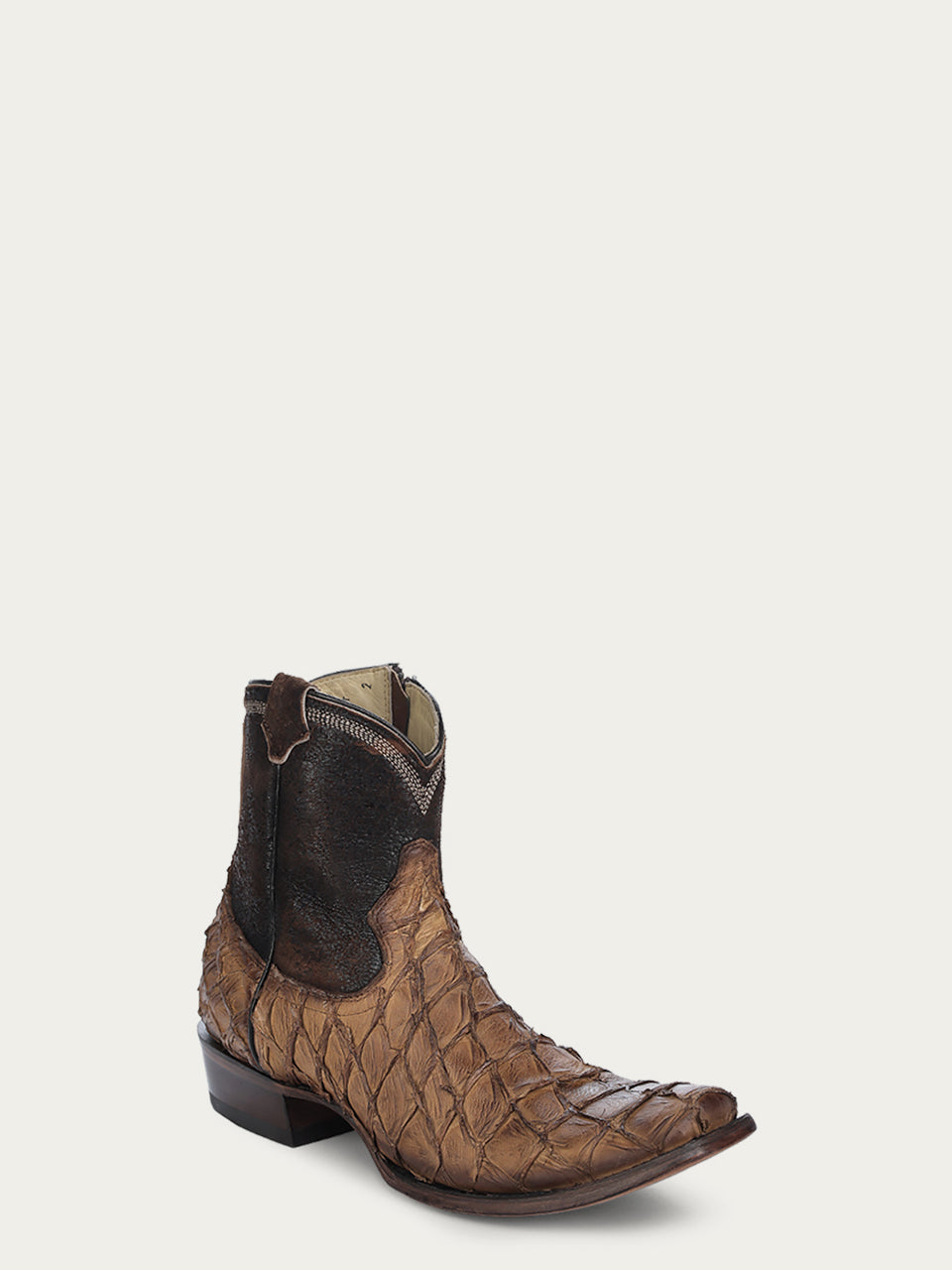 Men's Cognac Fish Pirarucu Embroidered Narrow Square Toe Short Cowboy Boots - Western Style Boots for Country Dancing, Rodeo & Casual Wear