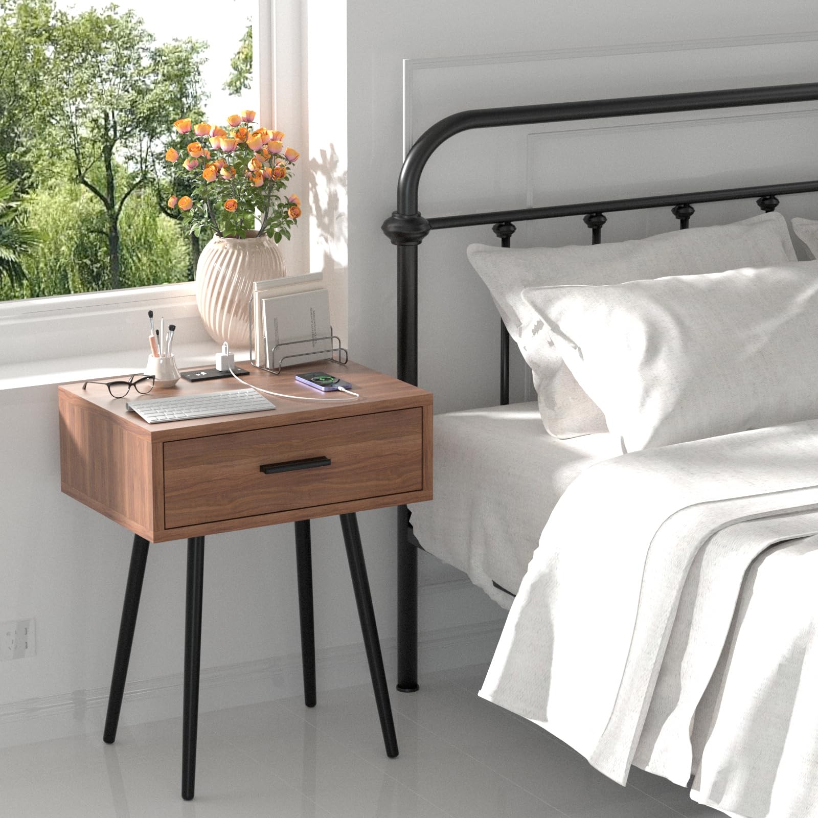 Modern Wooden Nightstand with USB Charging Port & Drawers - Walnut Finish Small Side Table for Bedroom, Living Room, Dorm - Perfect as Bedside Table, Dresser or End Table - Light Brown Home Decor for Cozy Spaces