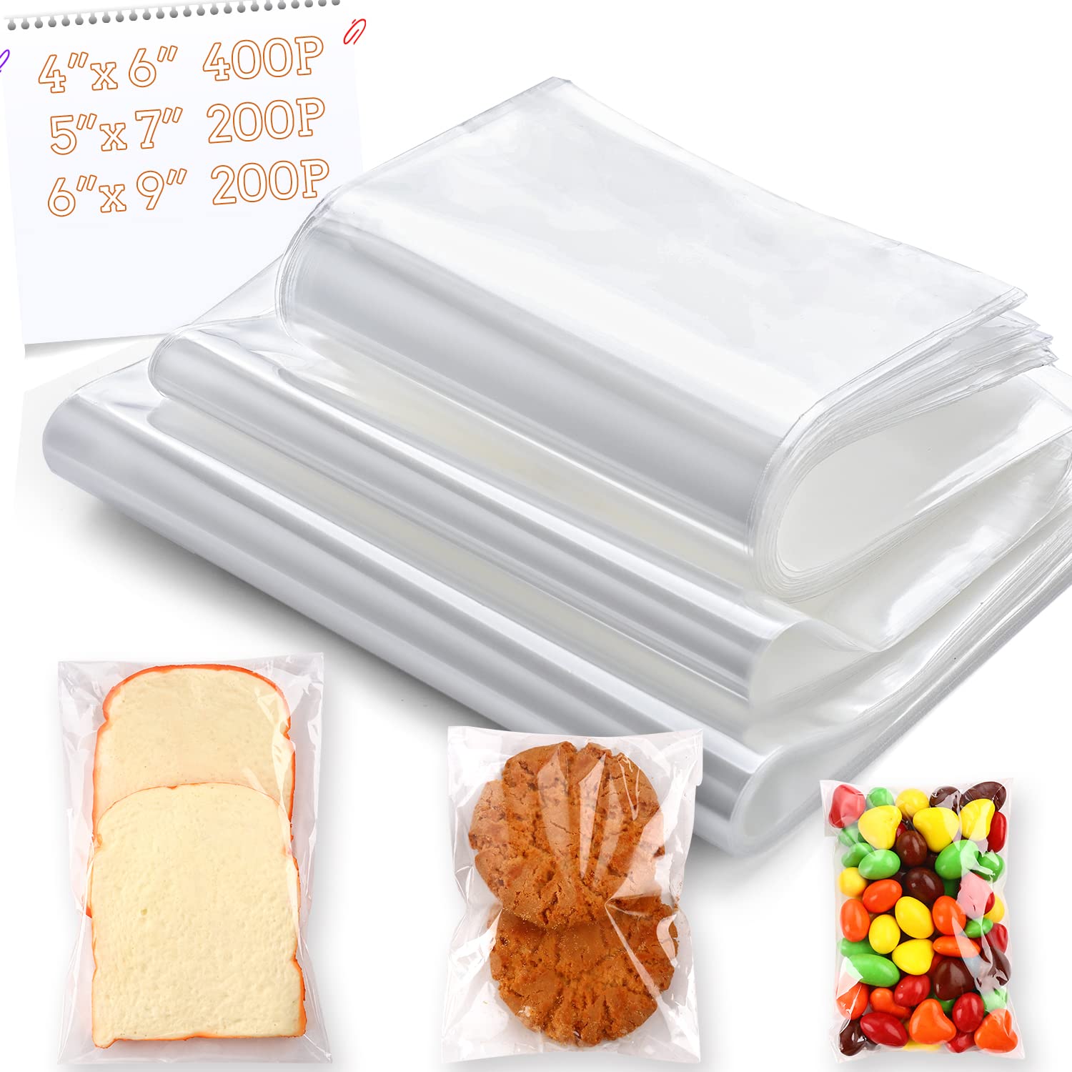 800 PCS Clear Resealable Cellophane Bags - 3 Sizes (4x6, 5x7, 6x9 Inches) for Bakery, Snacks, Candles, Soap, Cookies, Jewelry & Cards - Perfect for Packaging, Gifting & Storage