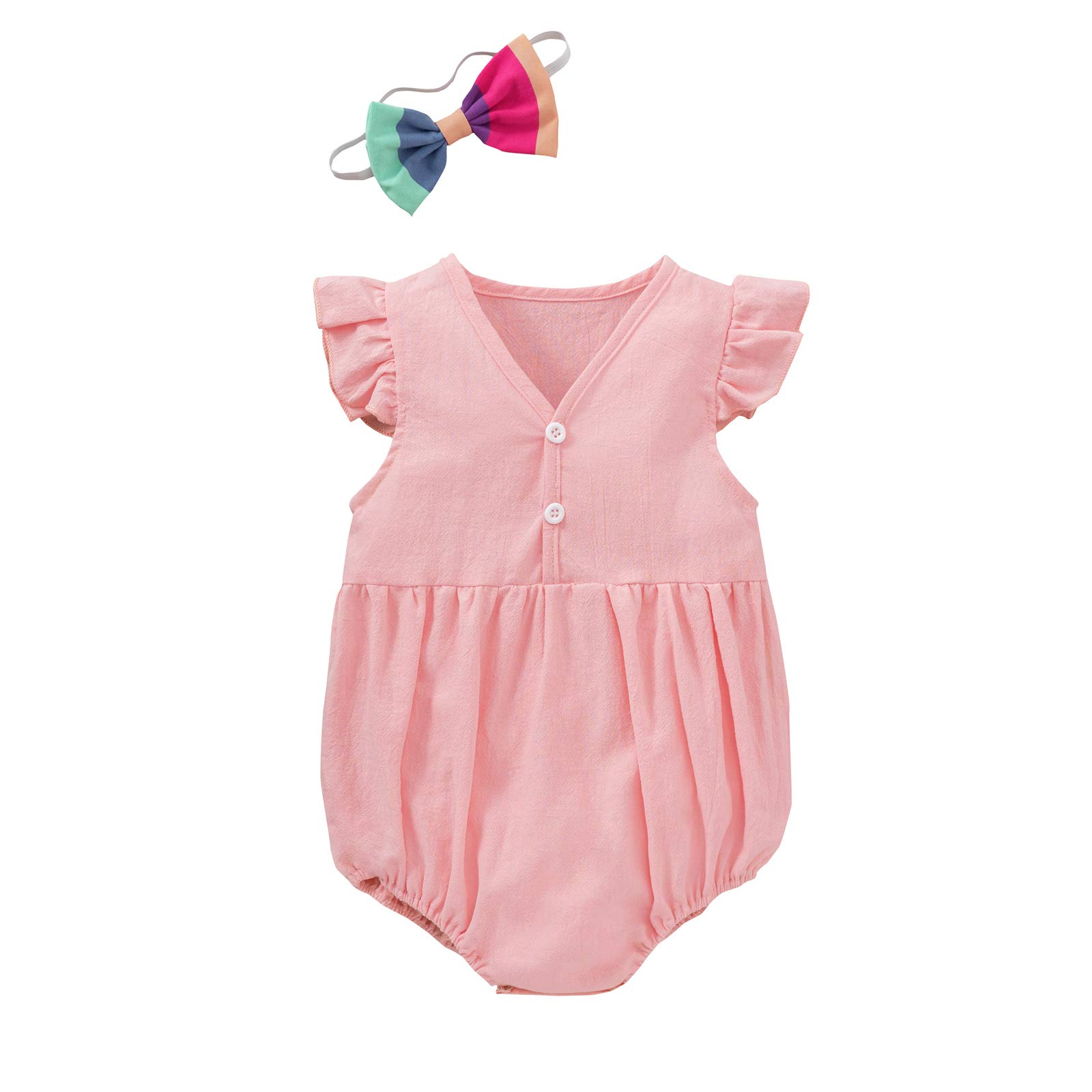 Maemukilabe Newborn Baby Girl Outfit - Fly Sleeve V-Neck Romper Jumpsuit with Headband | Soft Cotton Bodysuit for 0-3 Months | Perfect for Photoshoots, Birthday Parties & Daily Wear