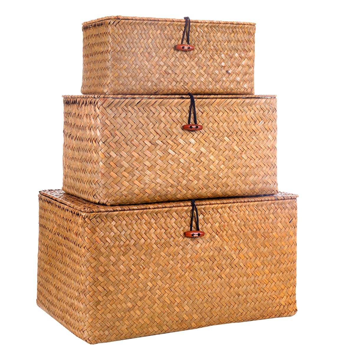 Decorative Wicker Storage Bins with Lids - Set of 3 Stackable Woven Seagrass Baskets (Large, Medium, Small) for Kids Toys, Shelves, Bathroom & Bedroom Organization - Perfect for Home, Nursery & Closet Storage Solutions