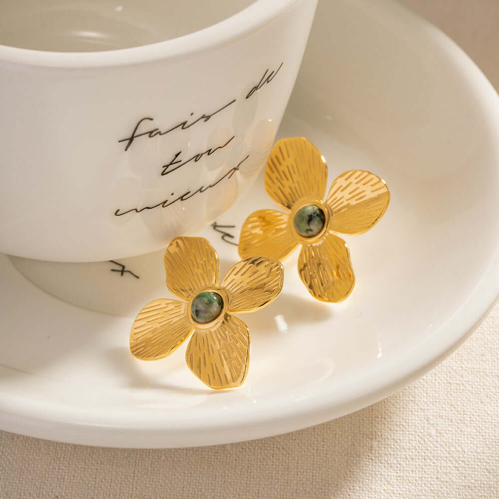 18K Gold Floral Turquoise Stud Earrings - Natural Stone Dainty Jewelry for Women | Perfect for Weddings, Parties & Everyday Elegance (JDE052)