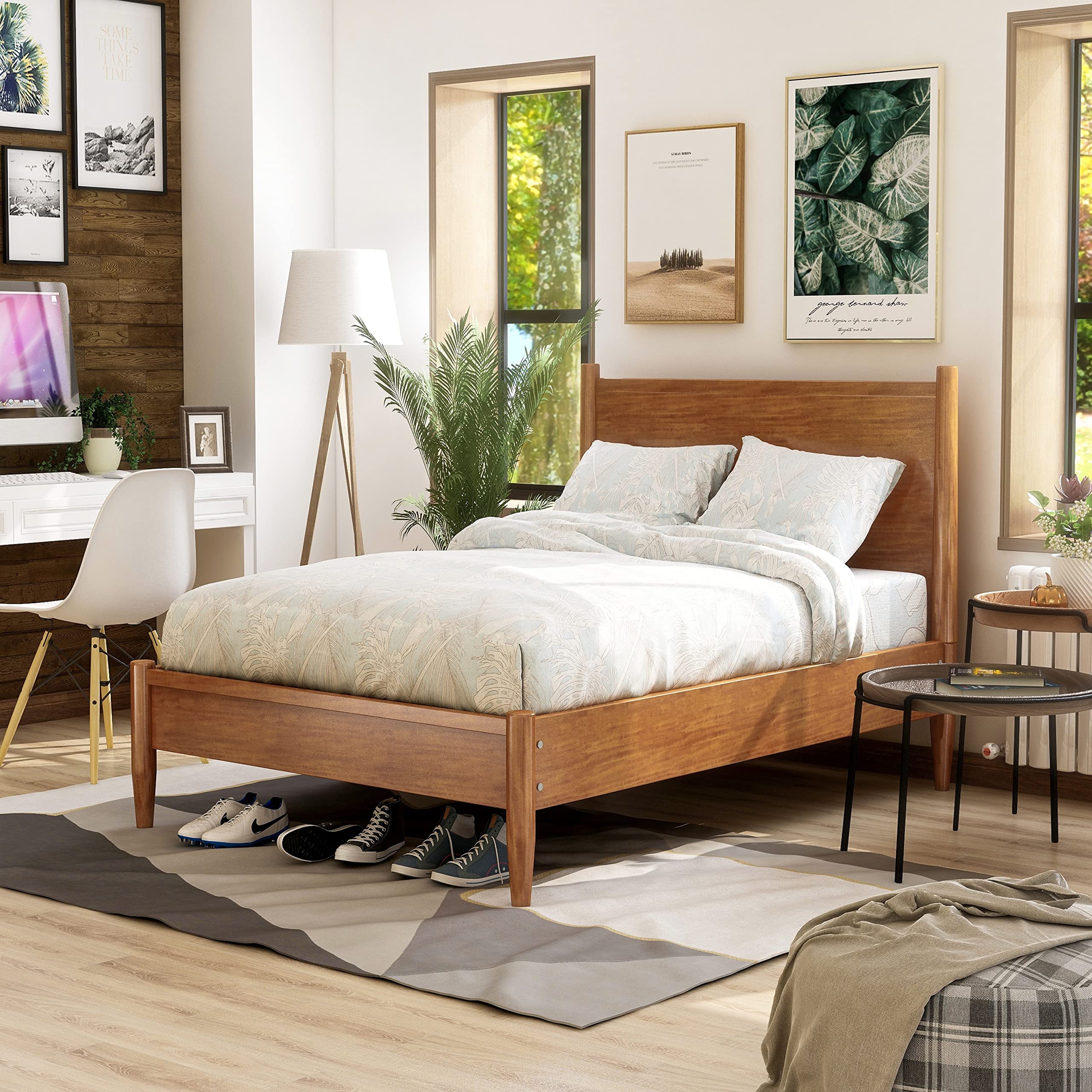 Queen-Size Mid-Century Modern Wood Paneled Platform Bed Frame - Grey Wooden Bed with Storage Space | Perfect for Contemporary Bedrooms, Guest Rooms & Small Apartments