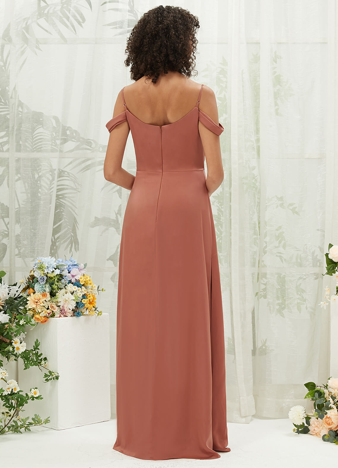 Elegant Desert Rose Cowl Neck Straps Side Slit Silk Satin Convertible Bridesmaid Dress - Perfect for Weddings, Parties & Special Occasions