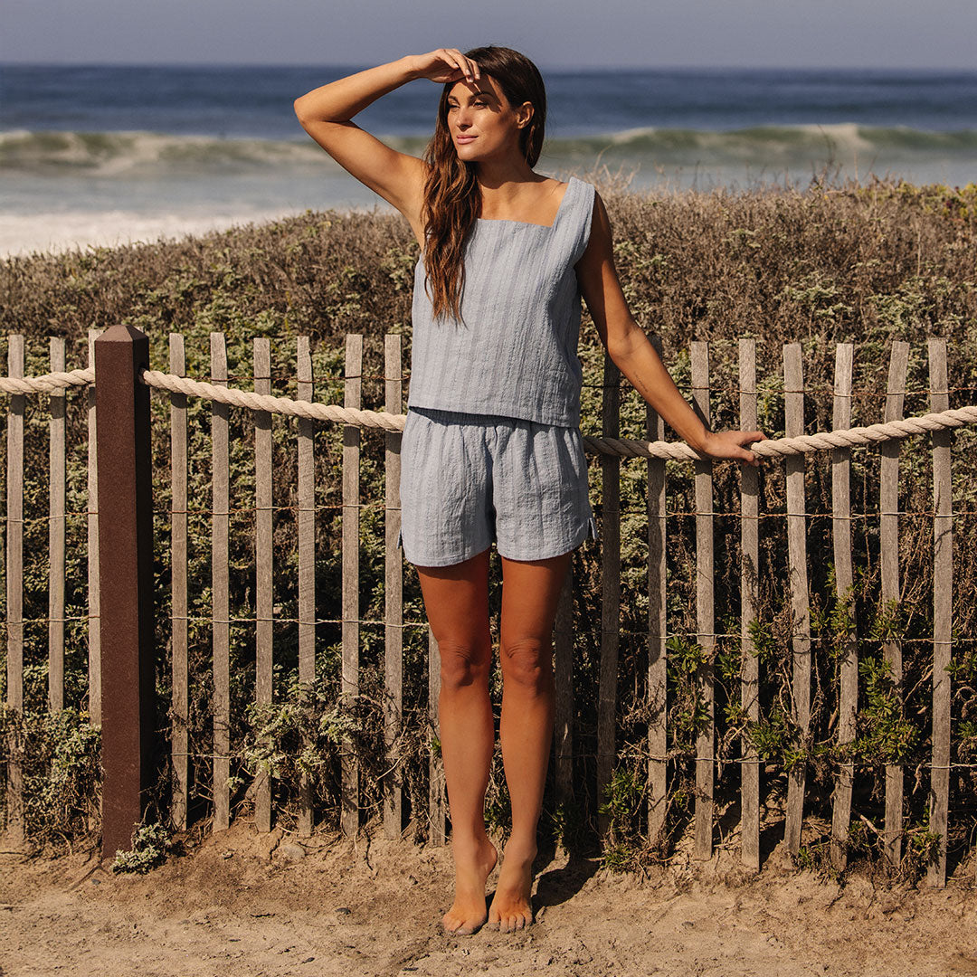 Dusk Blue Eyelet Tank Top for Women - Breathable Summer Casual Shirt - Perfect for Beach, Vacation & Everyday Wear