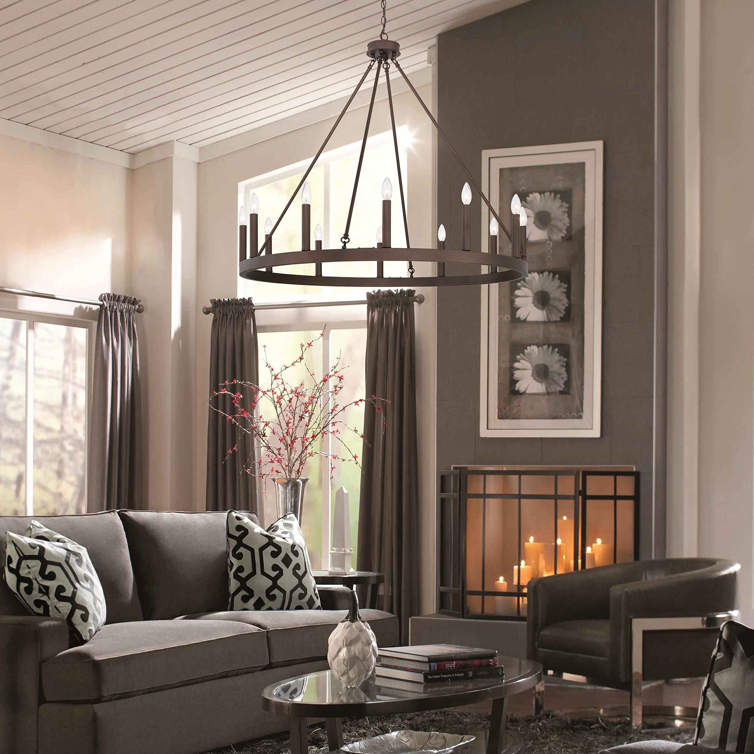 Vanity Art 12-Light Wagon Wheel Chandelier - Farmhouse Ceiling Light Fixture in Oil Rubbed Bronze for Living Room, Kitchen & Dining Room - Rustic Home Decor, Western Style Lighting for Cabin, Lodge & Ranch Houses