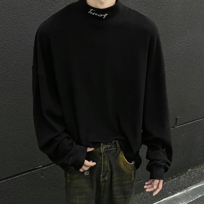 Men's Mock Neck Long Sleeve T-Shirt - Thick Letter Embroidery, Contrast Color Slim Fit Tee for Winter 2024 | Casual Wear, Office Outfits & Street Style Fashion