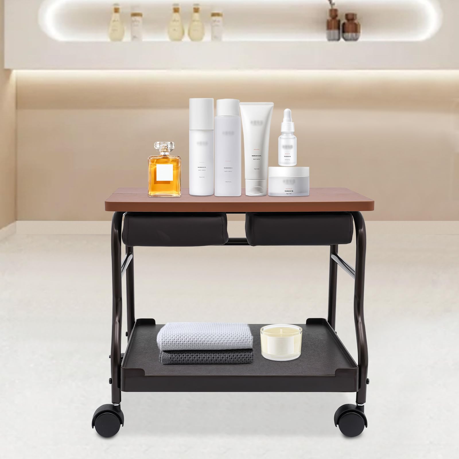 Portable Pedicure Foot Rest Cart - Adjustable Beauty Salon Nail & Foot Spa Trolley for Manicure, Pedicure, Massage | Salon Furniture & Supplies | Coffee Color | Perfect for Home Spa, Nail Salons & Mobile Beauty Services