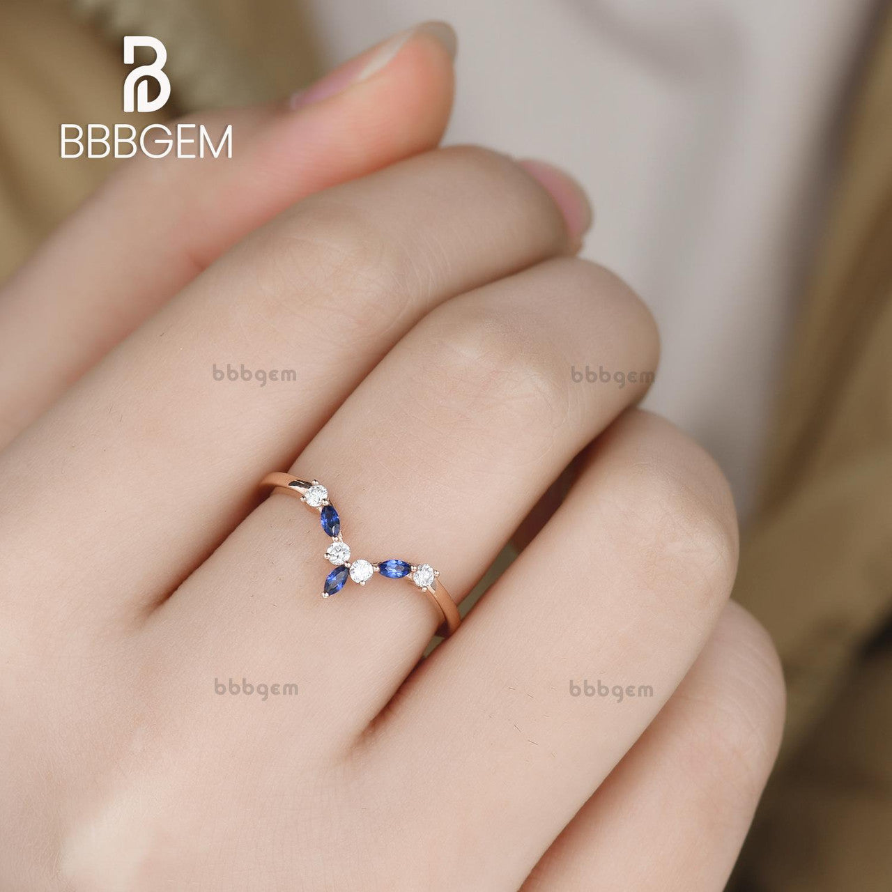 Rose Gold Diamond Sapphire Wedding Band - Curved V-Shaped Matching Ring Set for Women | Elegant Bridal Jewelry for Engagement, Anniversary & Special Occasions