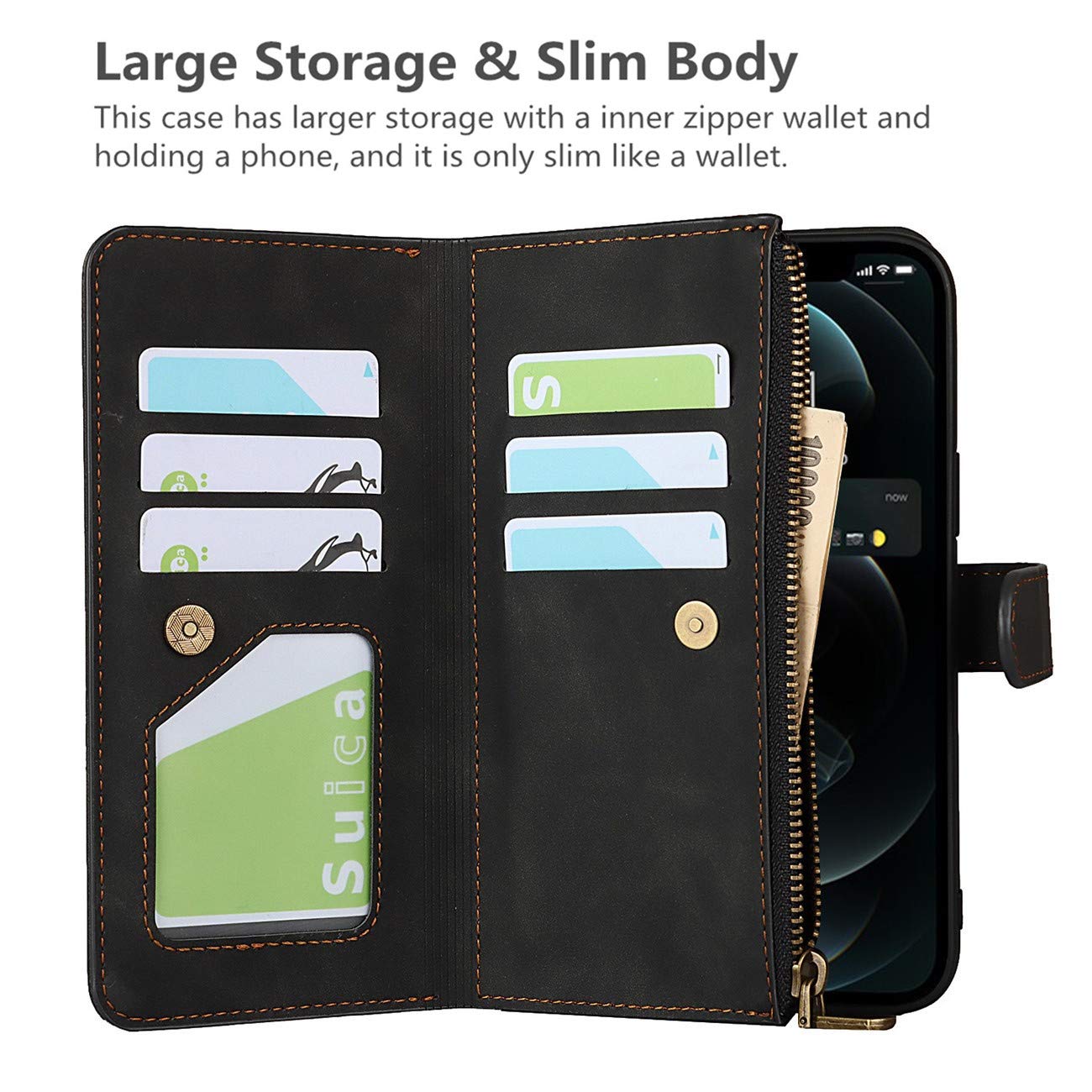 Premium PU Leather iPhone 12/12 Pro Wallet Case with Card Holder & Magnetic Clasp - 2-in-1 Shockproof Flip Cover with Detachable Wrist Strap & Zipper Pocket (Black) - Perfect for Everyday Use, Travel & Hands-Free Convenience