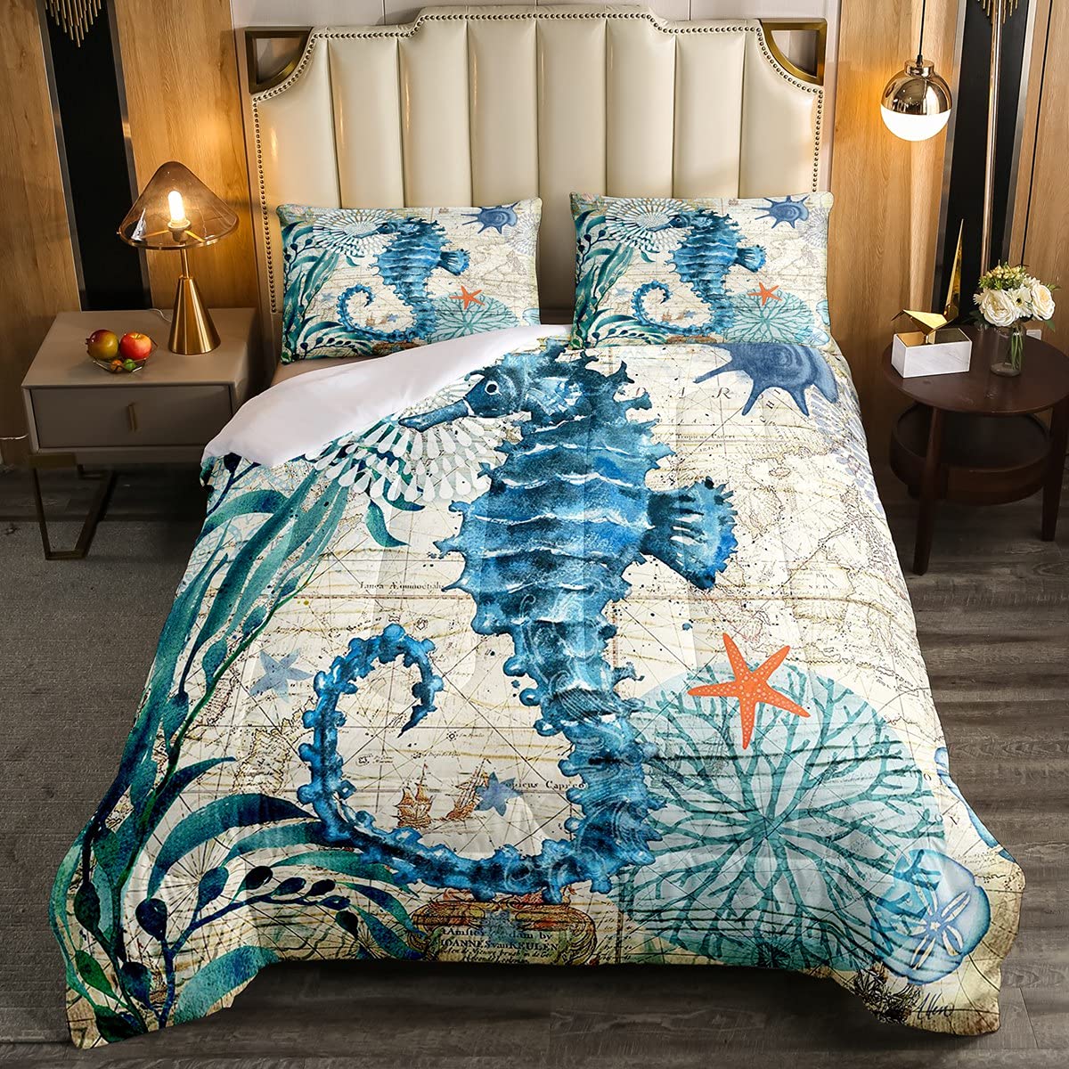 Ocean Seahorse Comforter Set - Queen Size 3-Piece Underwater Themed Bedding with Starfish Decor in Teal Blue | Perfect for Kids' Room, Beach House Decor & Nautical Nursery Themes