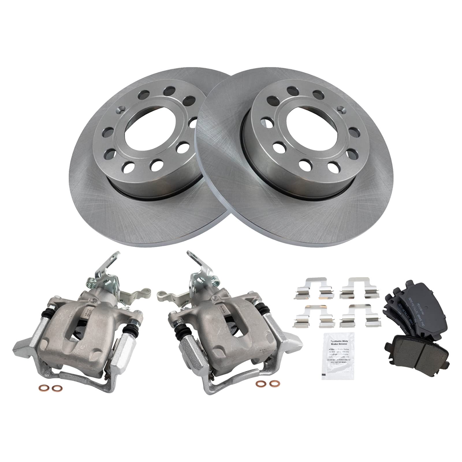 TRQ Rear Brake Pad and Rotor Kit - Semi-Metallic Brake Pads & Solid Rotors - Compatible with 2010 Volkswagen Golf, 2005-2010 Jetta, 2006-2009 Rabbit - Perfect for Smooth Braking and Vehicle Maintenance