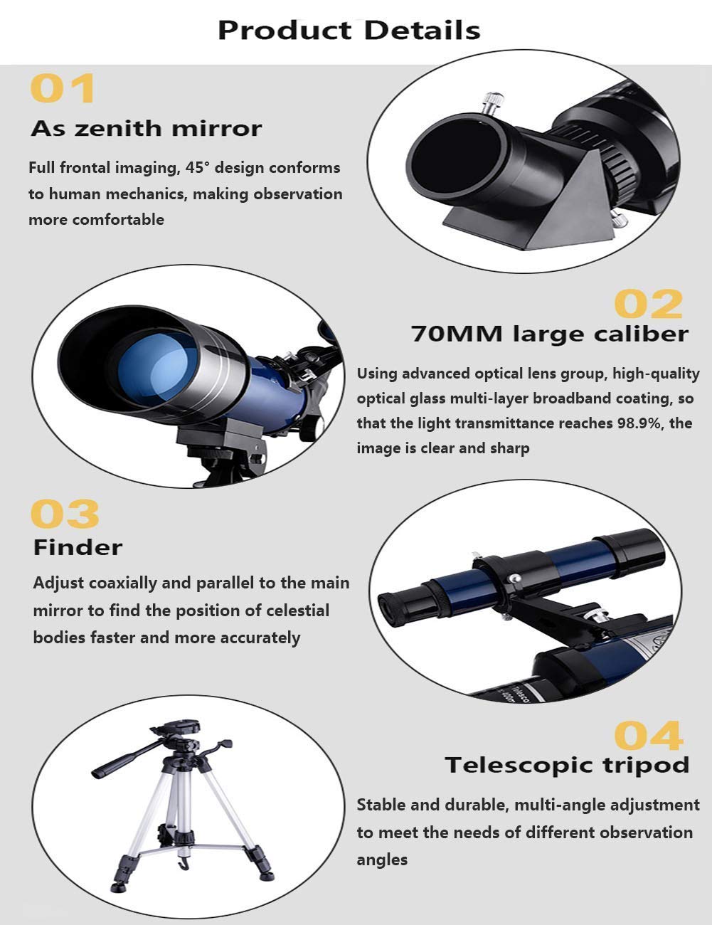 CCKUHN 400x70mm HD Portable Refractor Telescope for Kids & Adults - Astronomical Telescope with Adjustable Tripod & Smartphone Adapter - Perfect for Stargazing, Bird Watching & Outdoor Adventures (Blue & White)
