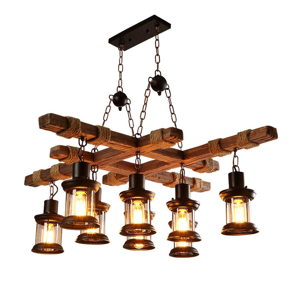 Vintage Industrial Wooden Chandelier - 8-Light Adjustable Pendant Lighting Fixture with Retro Farmhouse Design for Kitchen Island, Dining Room, Cafe & Restaurant Decor | Rustic Ceiling Hanging Light with Wood Beams & Metal Accents