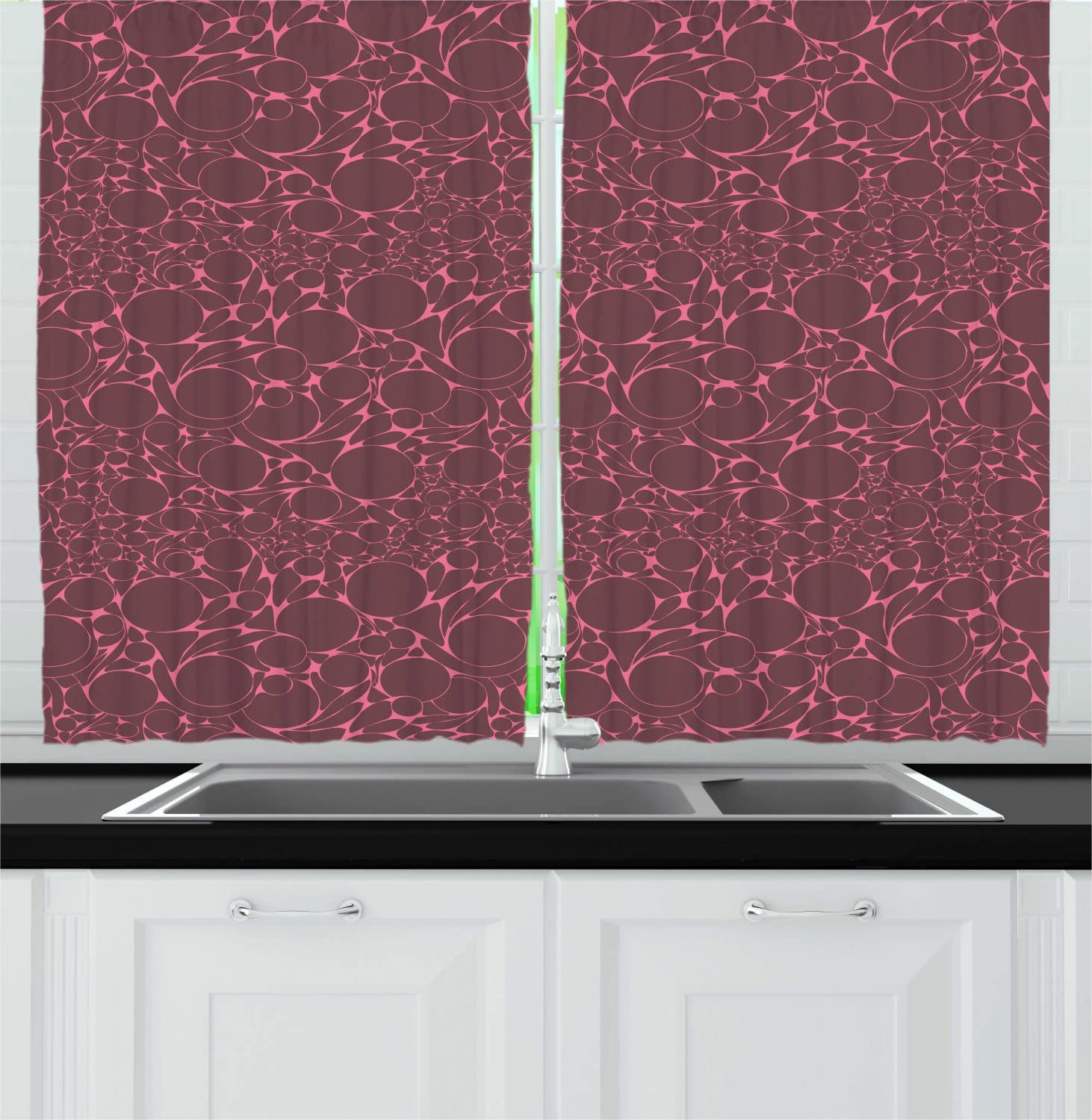 Ambesonne Mosaic Long Kitchen Curtains - Abstract Geometric Pattern with Circular Motifs in Monochrome Design - 2 Panel Rod Pocket Drapes for Windows - 55