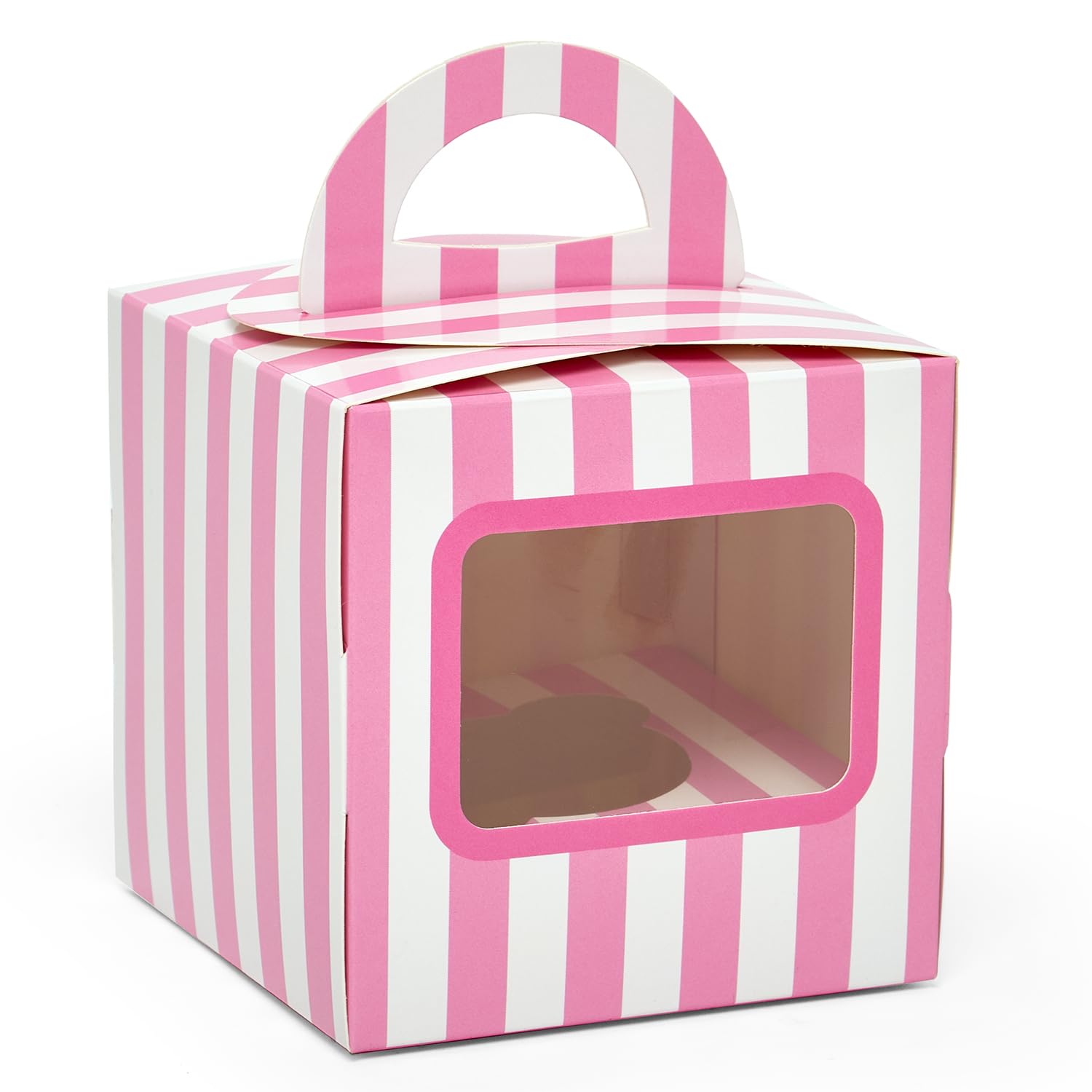 Premium White & Pink Striped Cupcake Boxes with Handles - 200 Pack (4