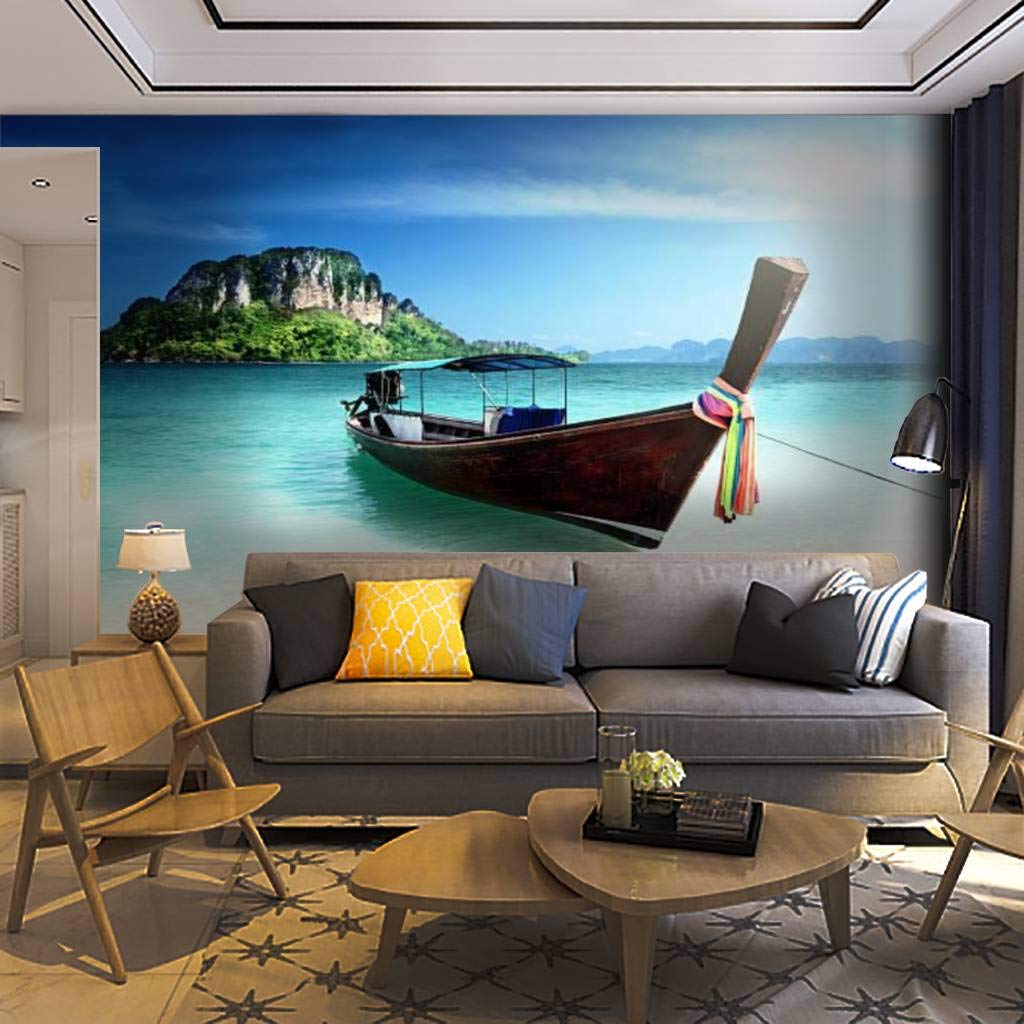 Self-Adhesive Removable Boat & Poda Island Thailand Wallpaper Mural - Peel & Stick Wall Decal for Living Room, Bedroom, Home Decor | Tropical Beach Theme Wall Sticker for Home & Office