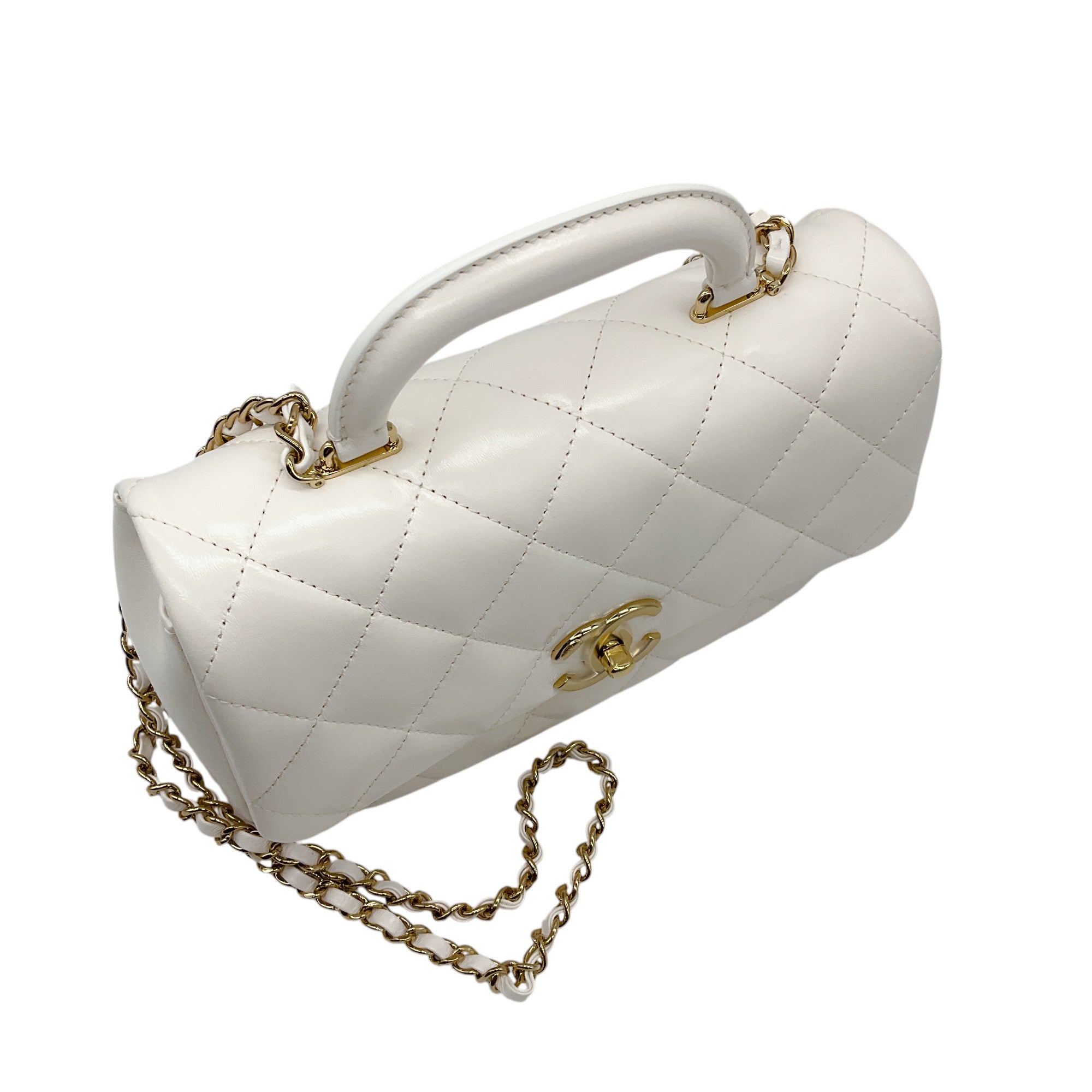 Chanel 2024 White Quilted Lambskin Leather Coco Top Handle Flap Bag with Gold Hardware - Luxury Designer Handbag for Women, Perfect for Parties, Weddings & Special Occasions
