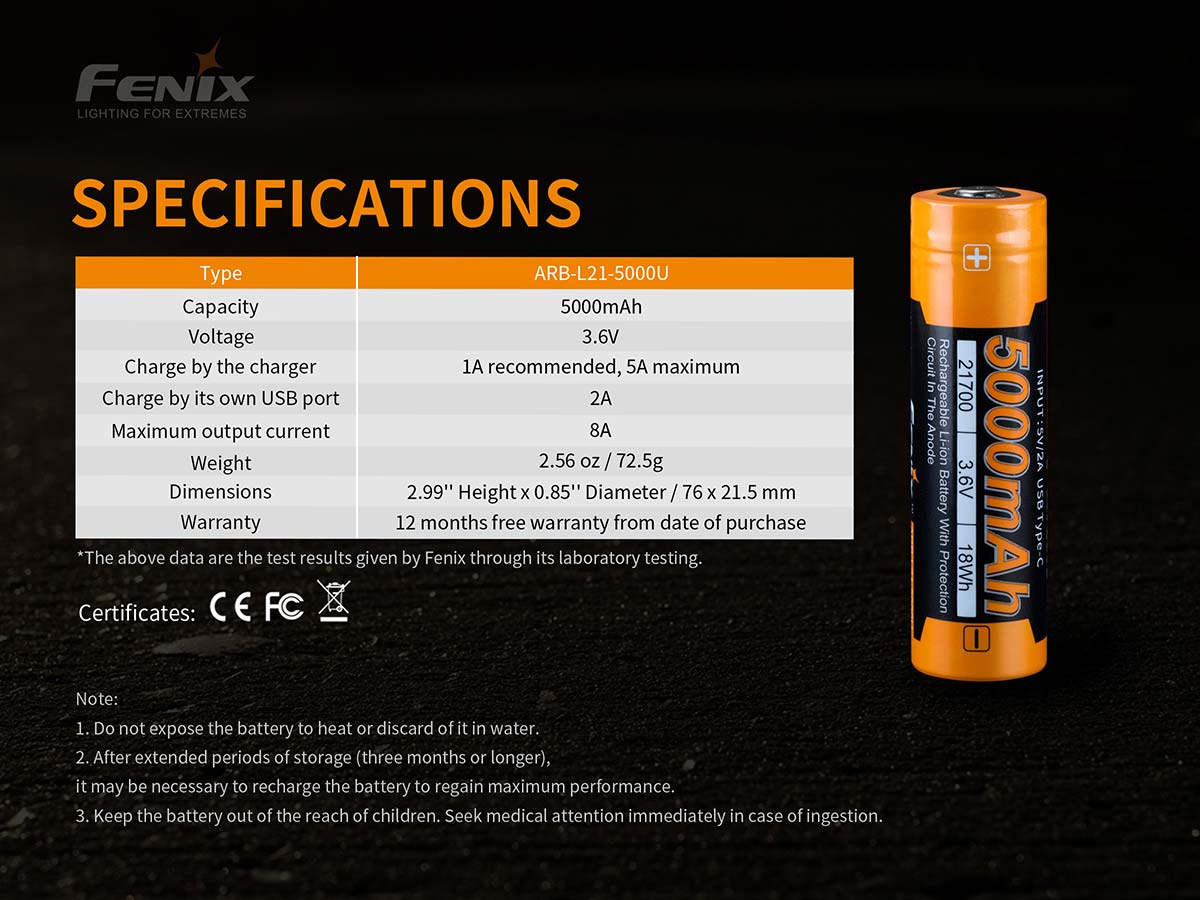 Fenix ARB-L21 5000mAh Rechargeable Lithium Battery - Long Lasting Power for Flashlights, Headlamps & Outdoor Gear | Perfect for Camping, Hiking & Emergency Preparedness
