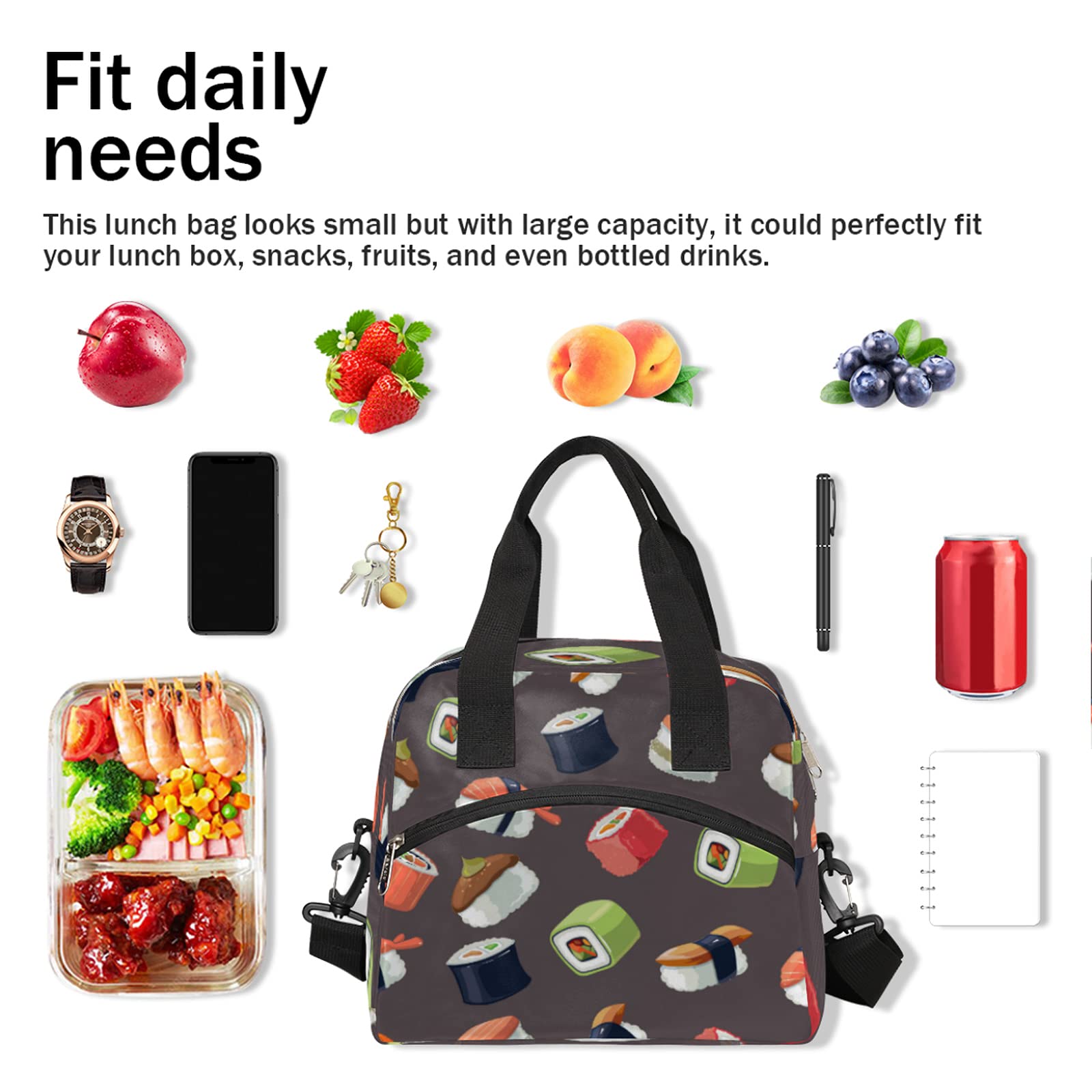 Cfpolar Insulated Lunch Bag - Leakproof Reusable Cooler Tote with Adjustable Shoulder Strap for Women & Men | Perfect for Meal Prep, Work, School, Travel & Picnics | Cute Sushi Design Lunch Box