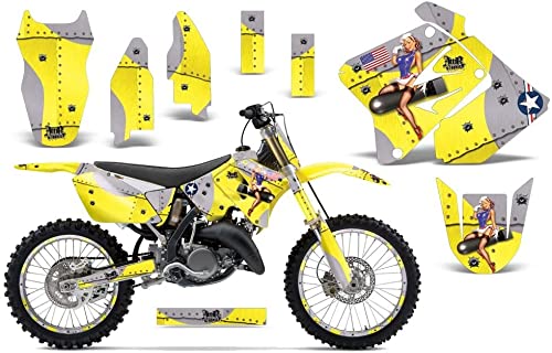 AMR Racing MX Dirt Bike Graphics Kit - Sticker Decal & Number Plates for Yamaha Suzuki RM250 (2001-2009) | T-Bomber Yellow Design | Motocross & Off-Road Racing Accessories