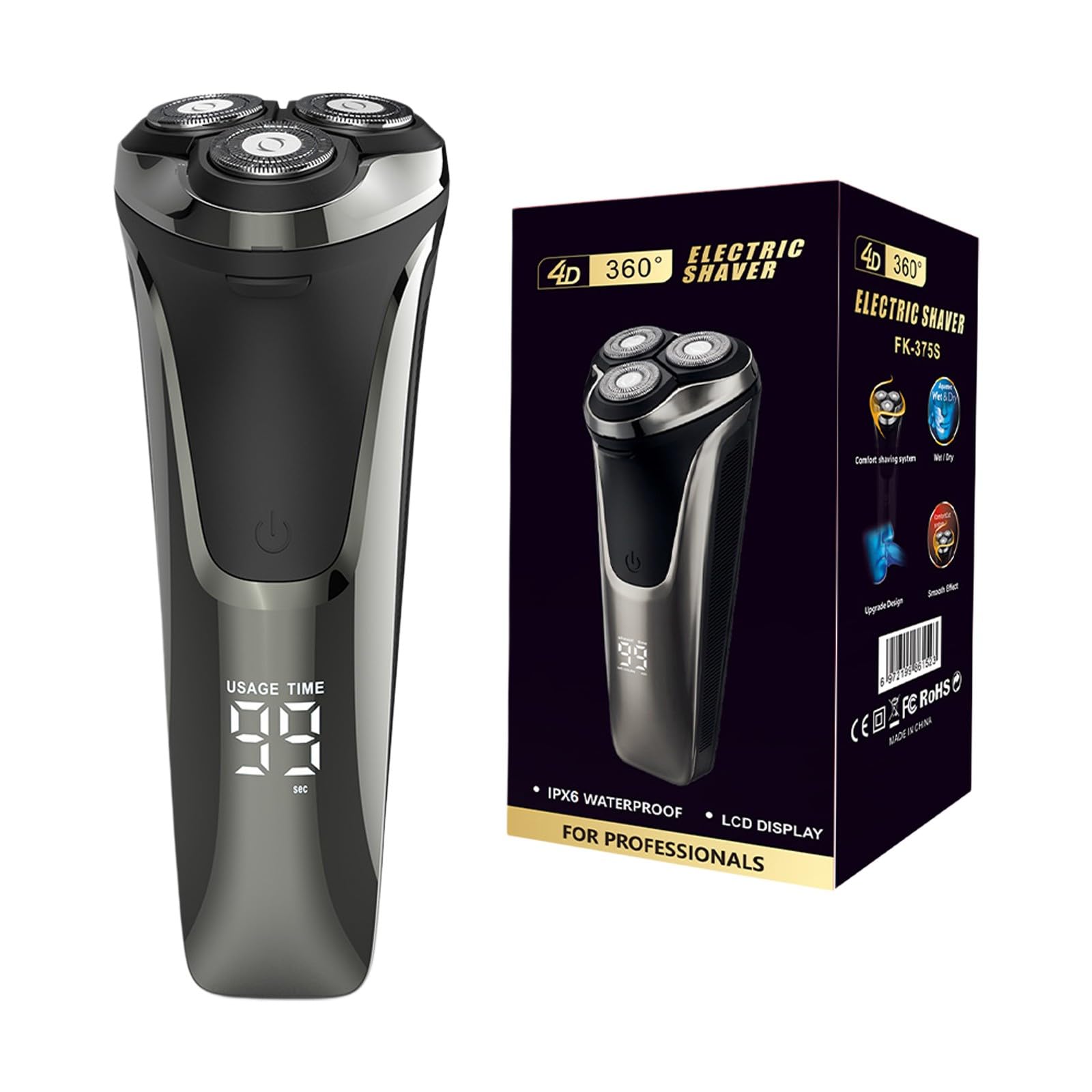 2025 New 4D Rotary Electric Razor for Men - IPX7 Waterproof, Rechargeable Wet/Dry Facial Shaver with 2 Replacement Heads (Black) - Perfect for Travel, Gym & Daily Grooming