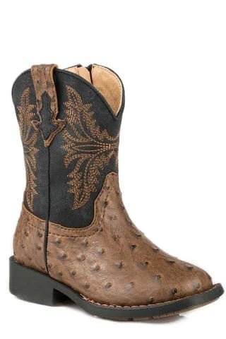 Roper Toddler Brown Faux Ostrich Boots for Boys & Girls - Comfortable Western Style Cowboy Boots for Kids Outdoor Play & Dress Up