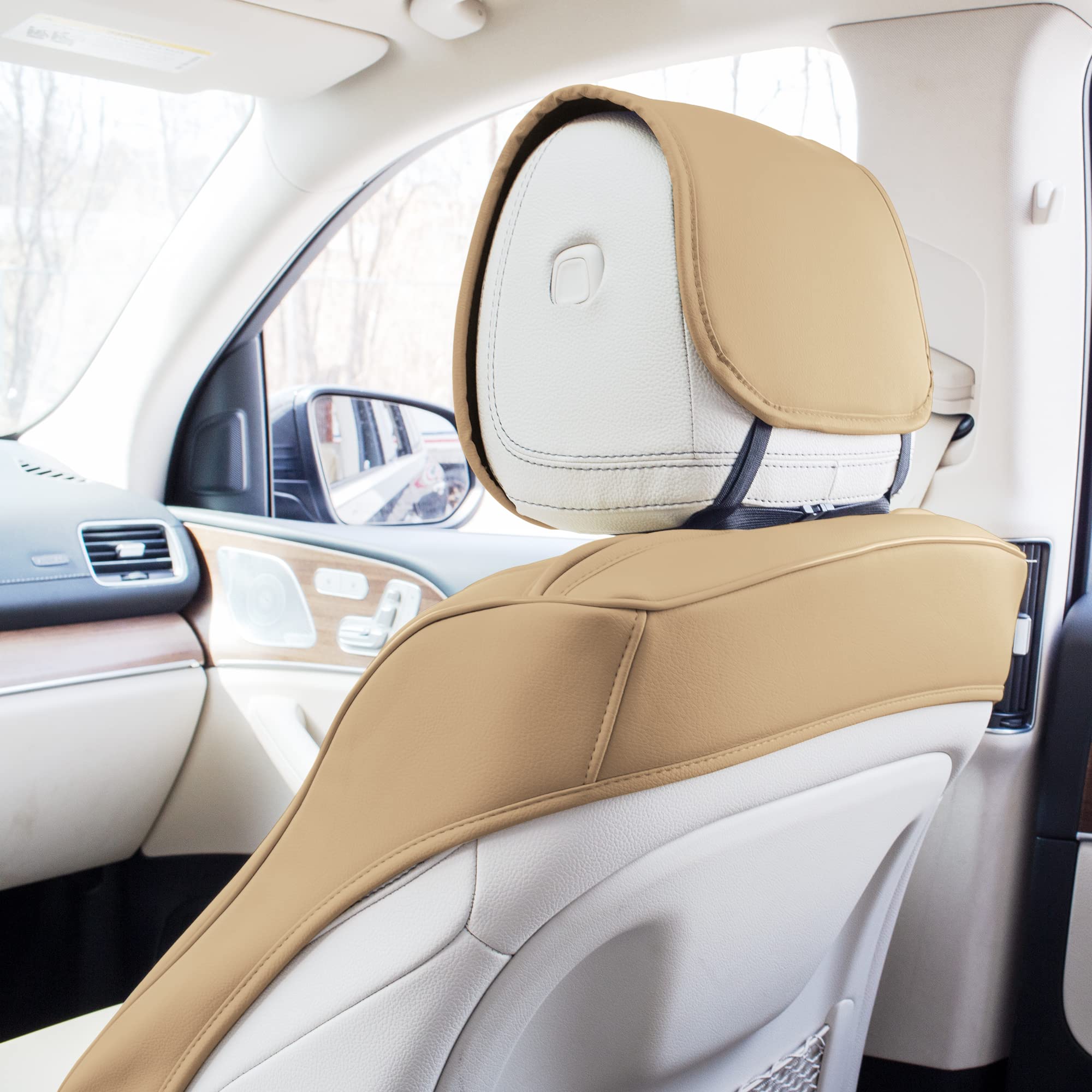 Premium TLH Grande70 Luxe Faux Leather Beige Car Seat Covers - 2 Pack Waterproof Universal Fit for Cars, Trucks & SUVs | Elegant Pattern | Comfort & Protection for Daily Commute, Road Trips & Family Travel