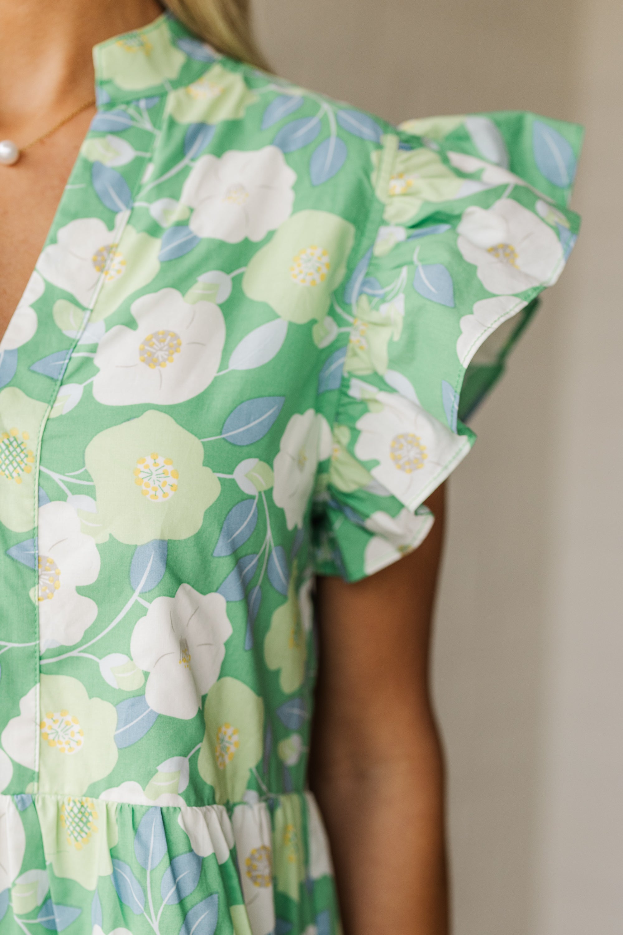 Bright Days Ahead Green White Combo Floral Midi Dress - Women's Summer Floral Print Dress for Beach Vacation, Garden Party & Date Night