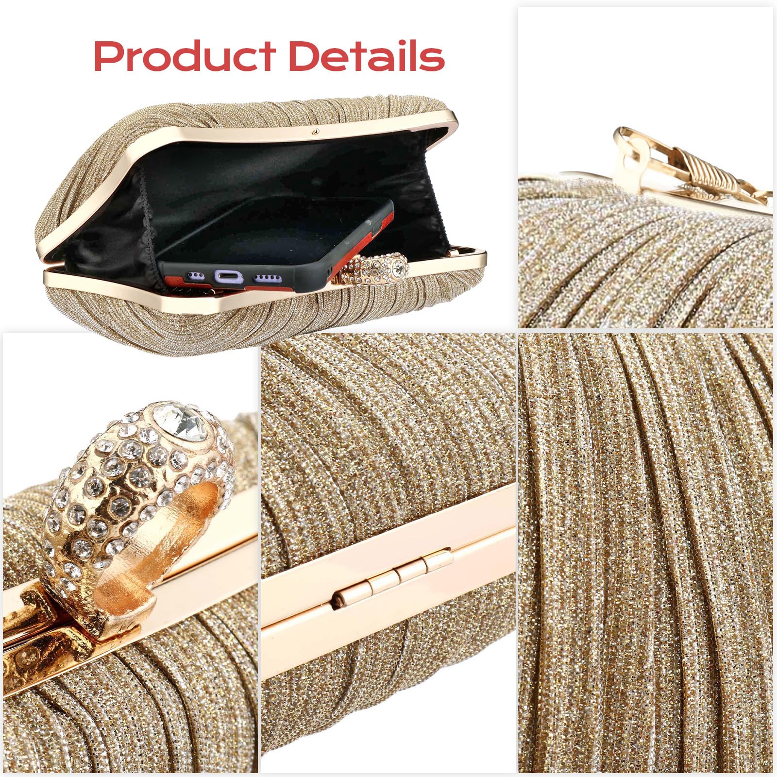 Simcat Women's Gold Glitter Clutch Purse - Elegant Pleated Evening Handbag for Formal Events, Bridal Wedding, Prom & Special Occasions | Perfect for Parties, Dinners & Date Nights