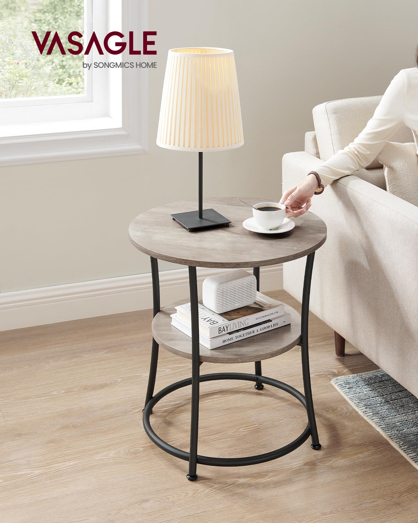 VASAGLE Round Side Table with 2 Storage Shelves - Steel Frame End Table for Living Room, Bedroom, Office - Compact Nightstand & Coffee Table for Small Spaces in Greige & Ink Black - Perfect for Holding Lamps, Books & Decor